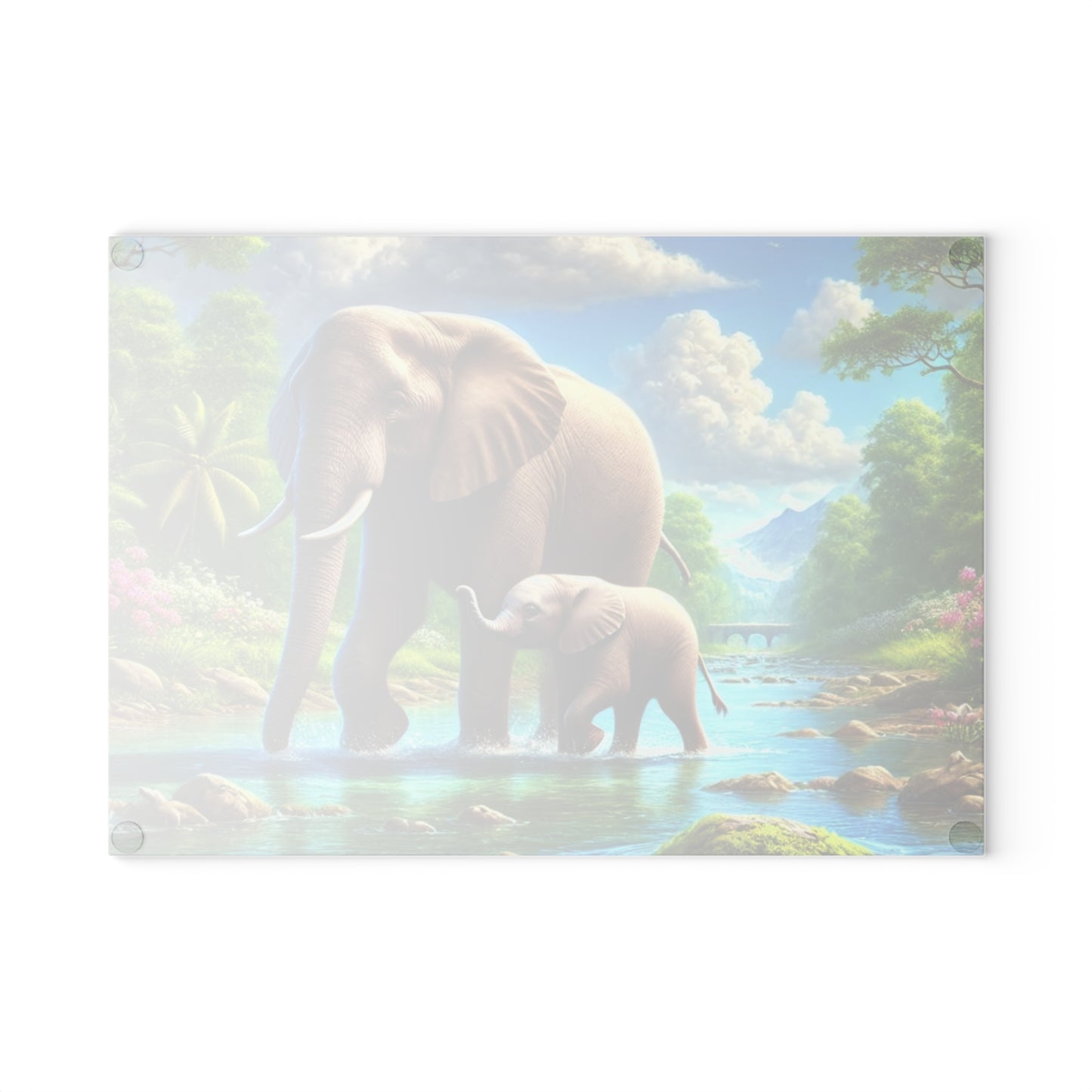 Mother elephant and her baby tempered glass cutting board - walking down a peaceful water creek