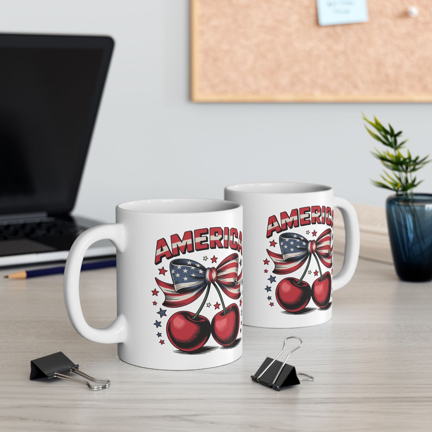 Taza con lazo de cereza de EE. UU. y el 4 de julio