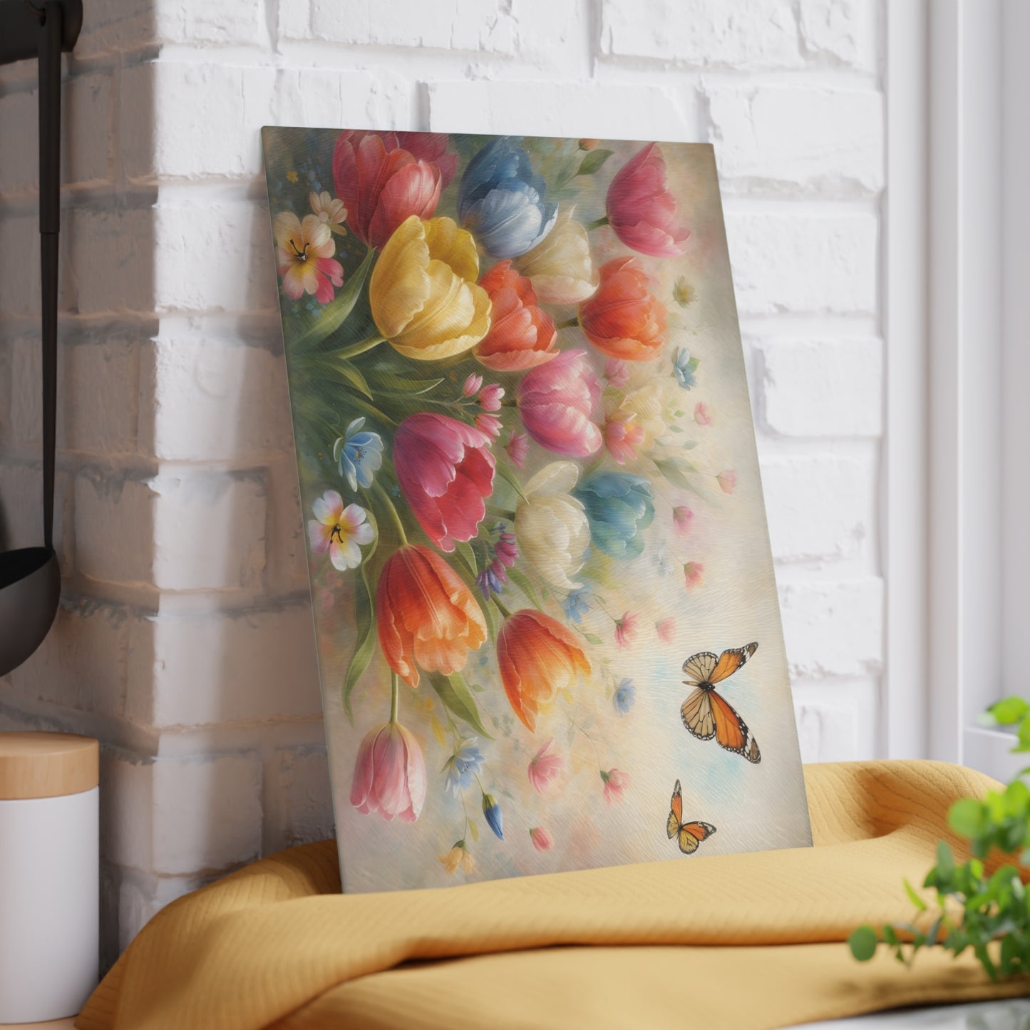 Tulips and Butterflies Glass Cutting Board – Elegant Floral Spring Kitchen Art