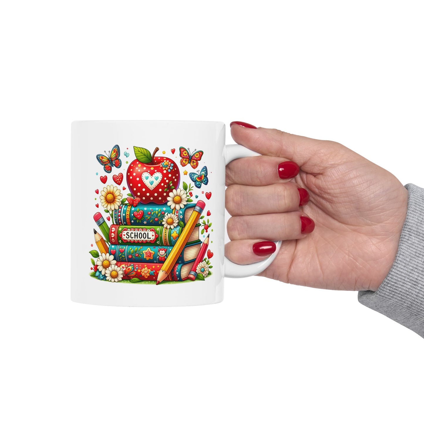 🍎 Teacher Love Back-to-School Mug – Bright Books & Butterflies 🌼