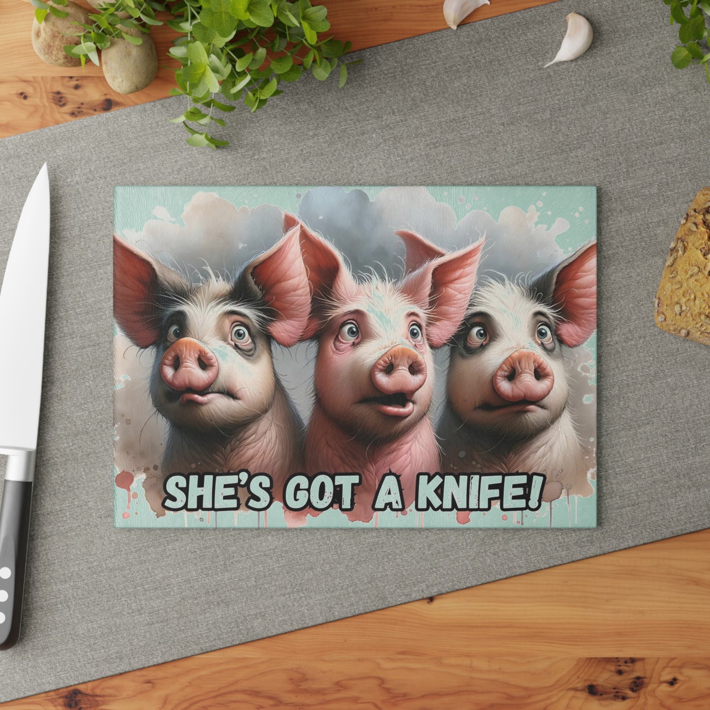 🐷😂 “Panic Pigs – She’s Got a Knife!” Glass Cutting Board – Laughs for Your Kitchen