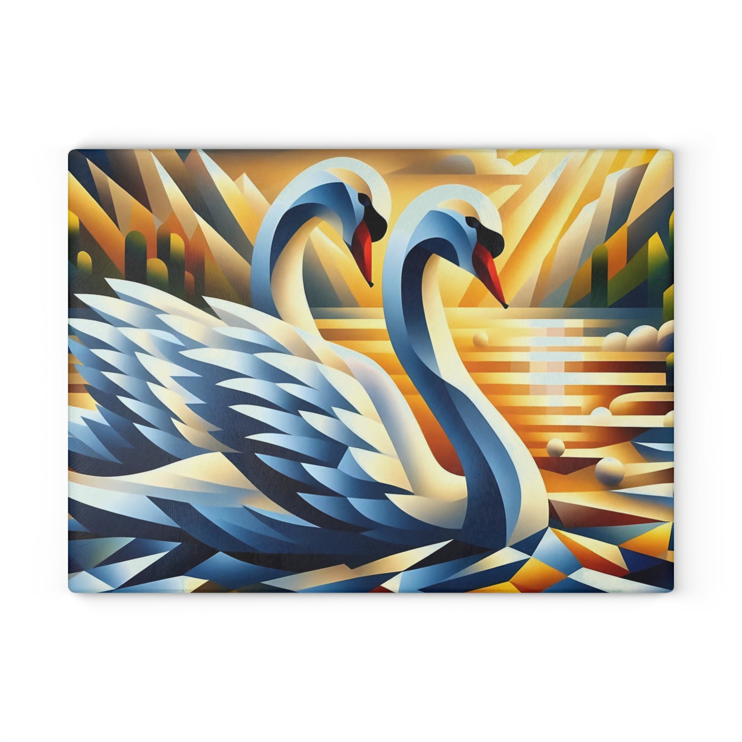 Two Cubist Swans Glass Cutting Board – Artistic River Scene