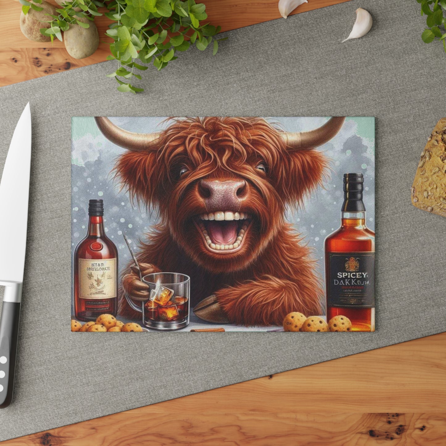 Tabla de cortar de vaca de las Tierras Altas, tabla de cortar de vidrio templado, tabla de charcutería, tabla de cortar, regalo de inauguración de la casa, tabla de cortar personalizada
