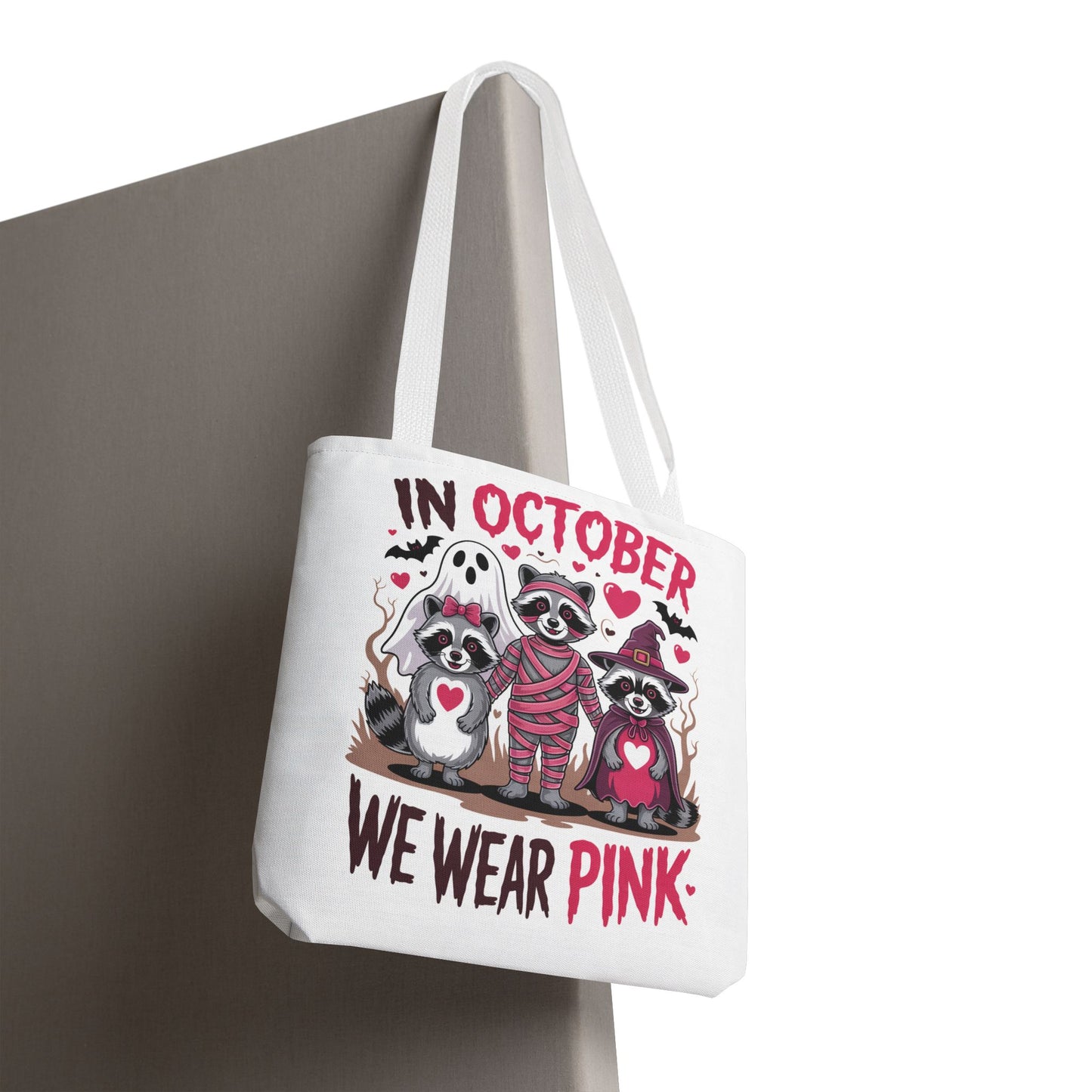🎀 In October We Wear Pink Raccoon Halloween Tote Bag – Spooky Cute Awareness Style 🦝👜