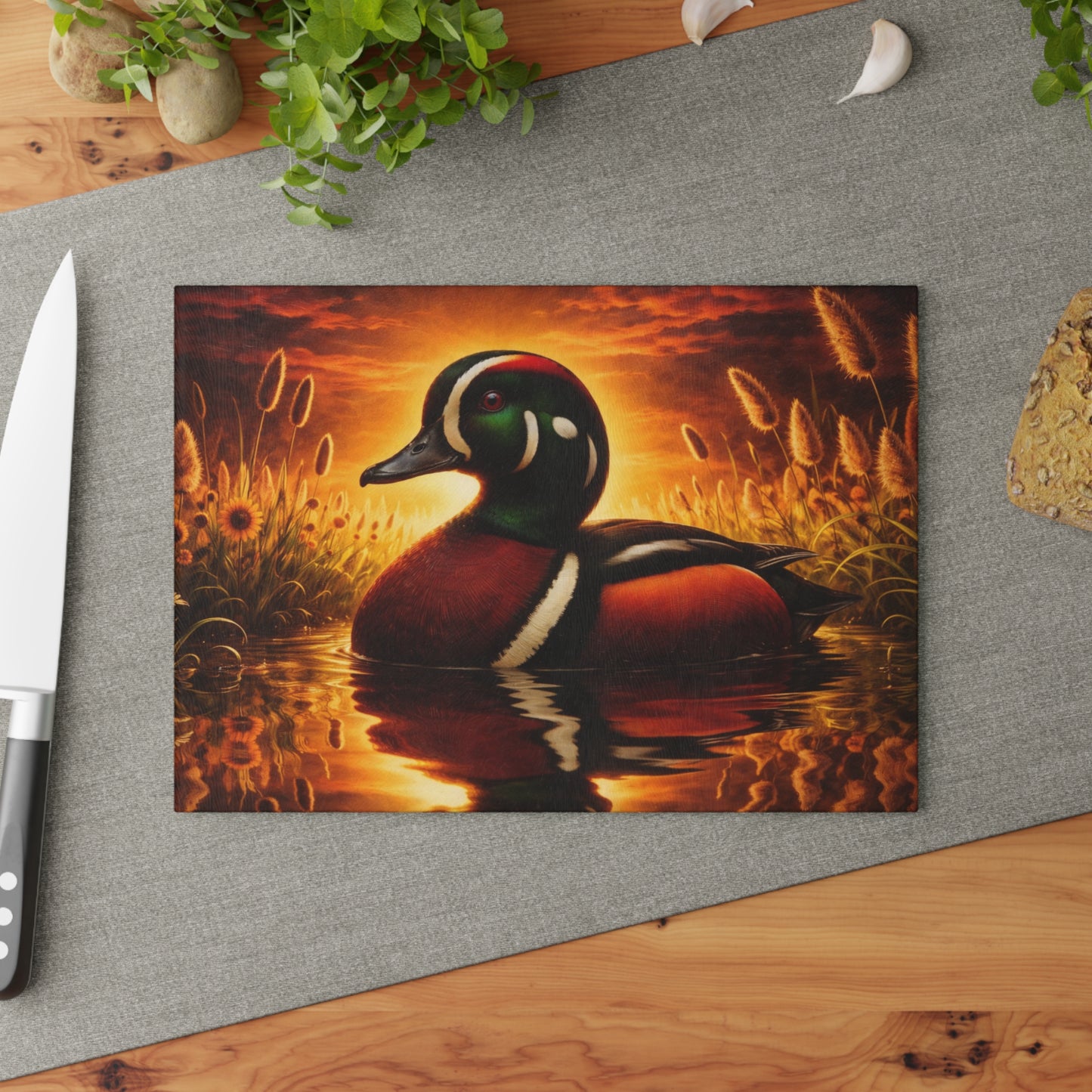 Hooded Merganser Duck at Golden Sunset Glass Cutting Board – Vibrant Wildlife Reflection Artwork