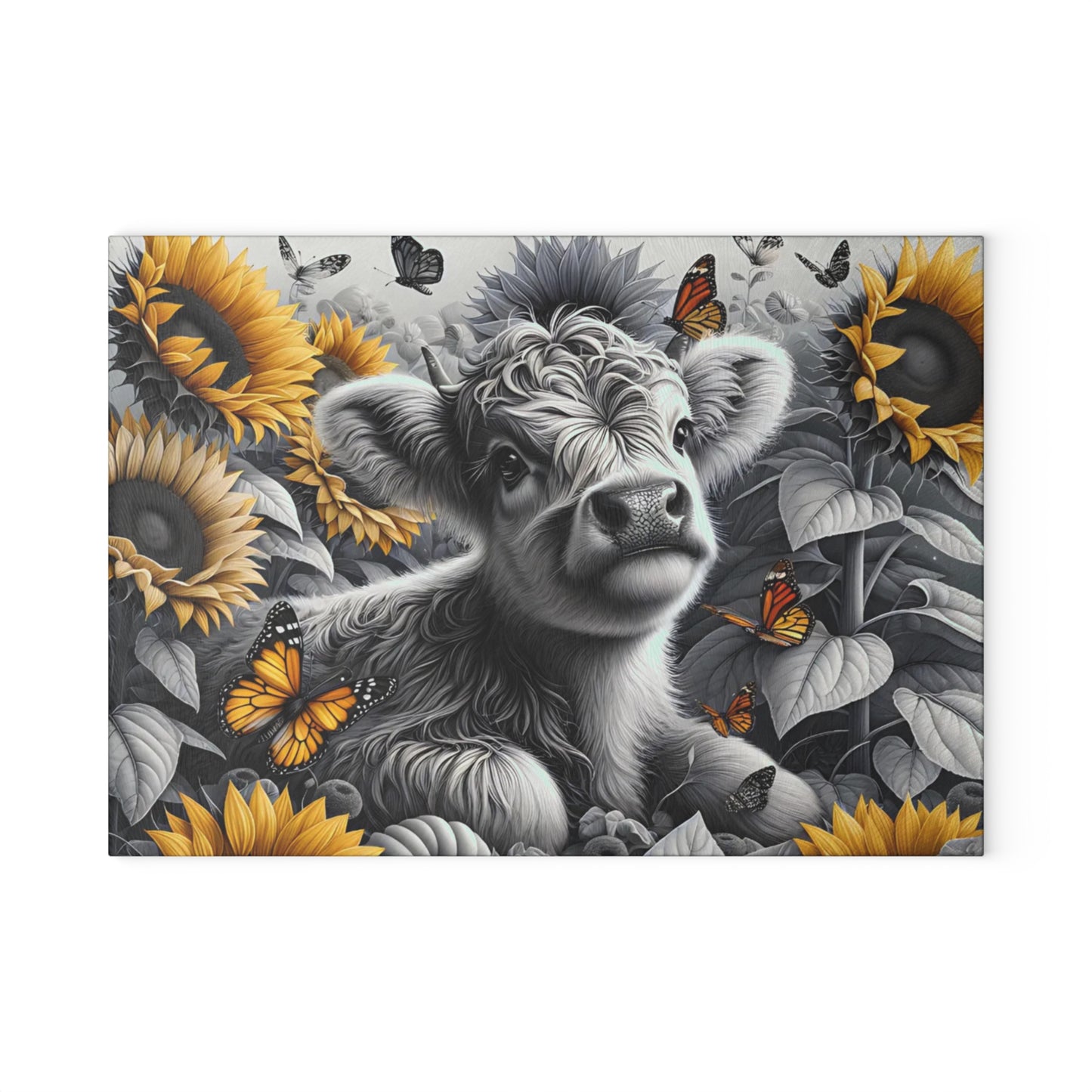🐮 Black & White Calf with Sunflowers & Butterflies Cutting Board – Rustic Farmhouse Beauty in Glass