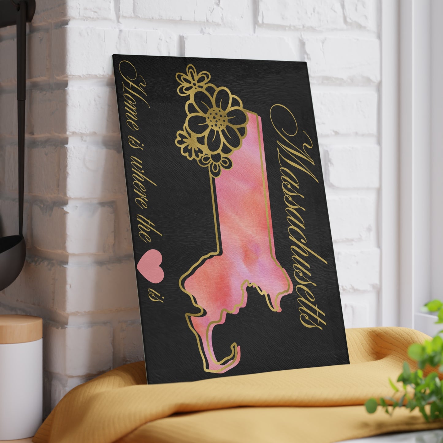 🌸 Massachusetts State Cutting Board – Soft Blush Beauty with Home Heart Charm