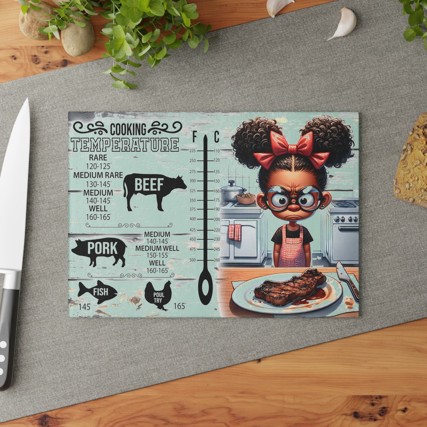 🍴 Funny Cooking Temperature Chart Cutting Board – Sassy Kitchen Decor with a Side of Humor
