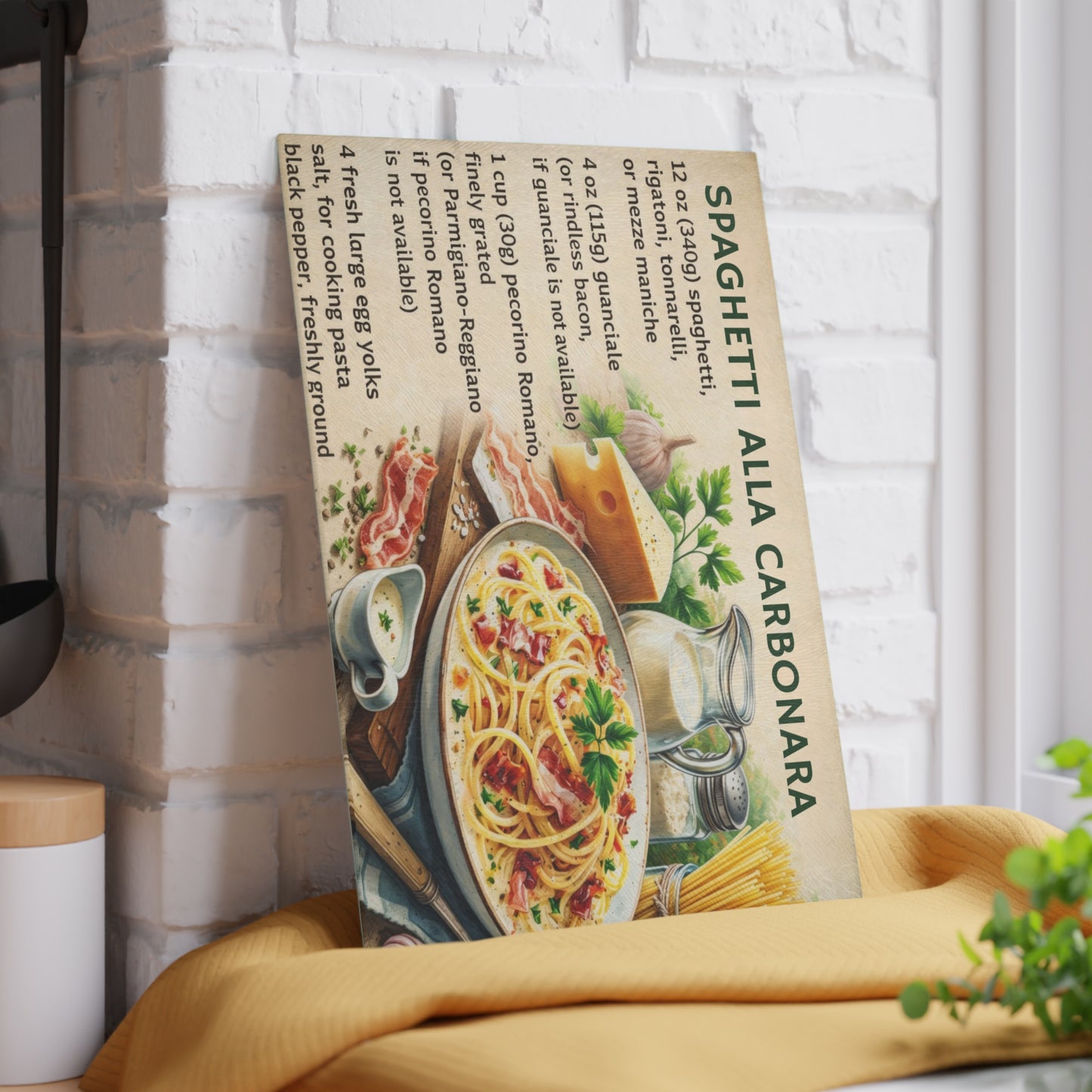 Spaghetti alla Carbonara Recipe Glass Cutting Board – Classic Italian Kitchen Artwork
