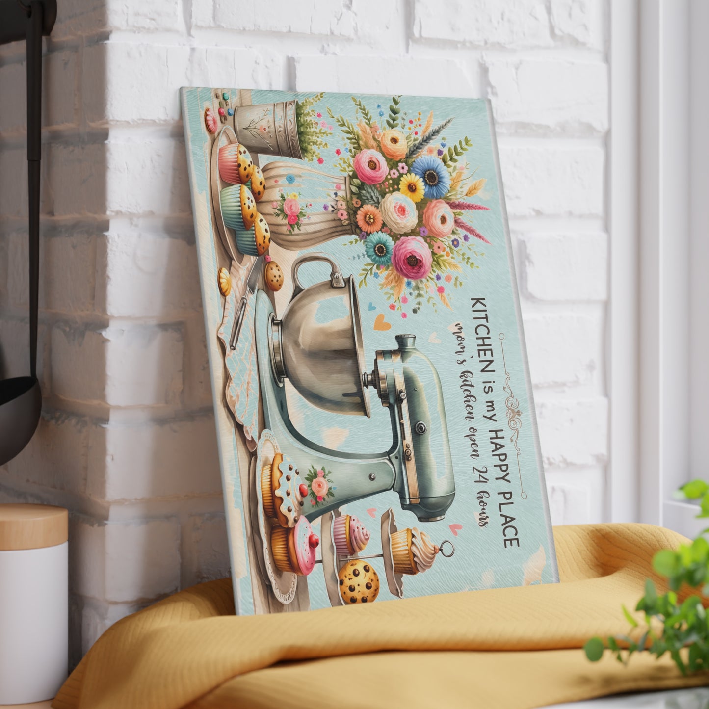 🧁 Kitchen Is My Happy Place Cutting Board – Whimsical Retro Charm for the Sweet-Hearted Baker