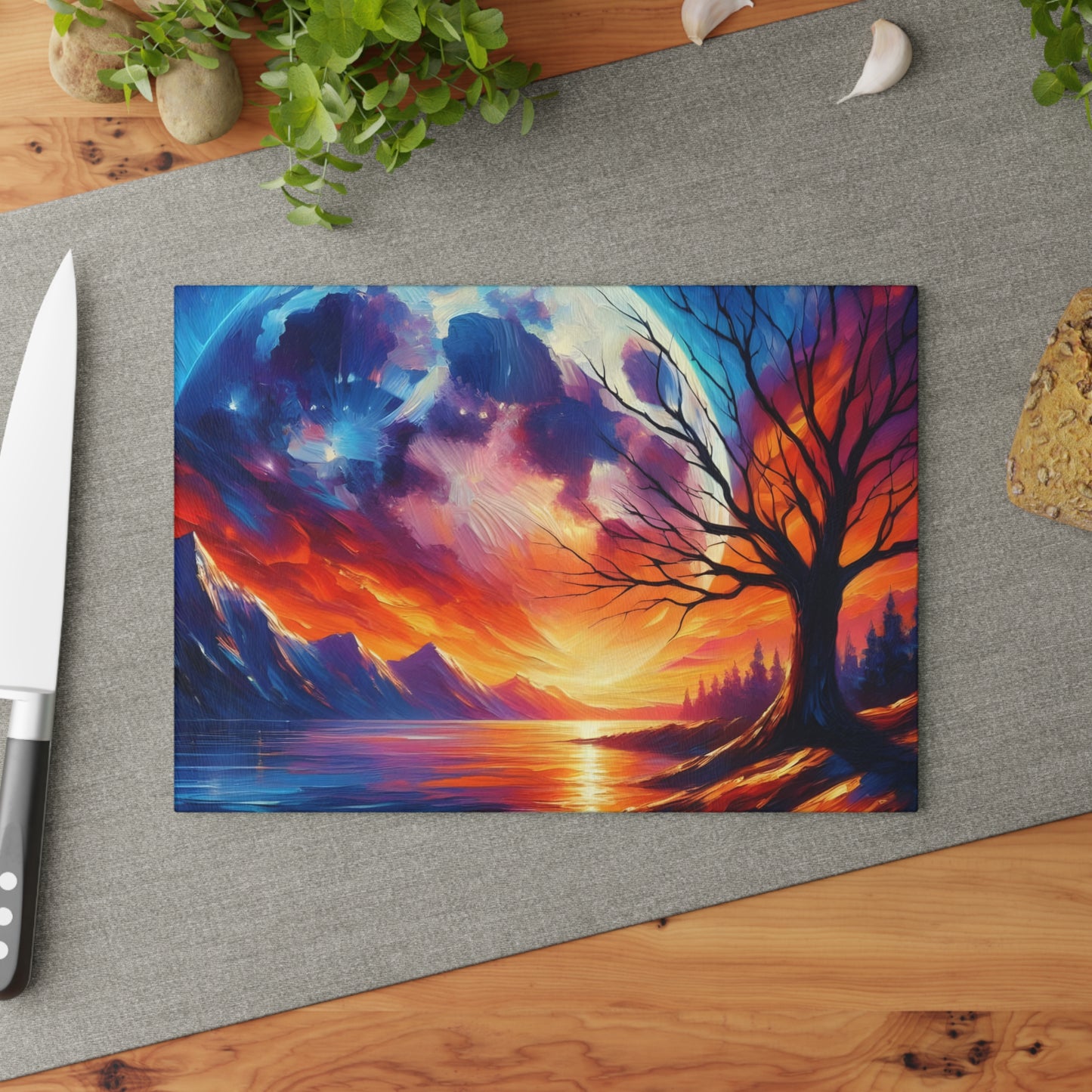 Fiery Sunset Reflection Cutting Board – Vibrant Tree Silhouette Art
