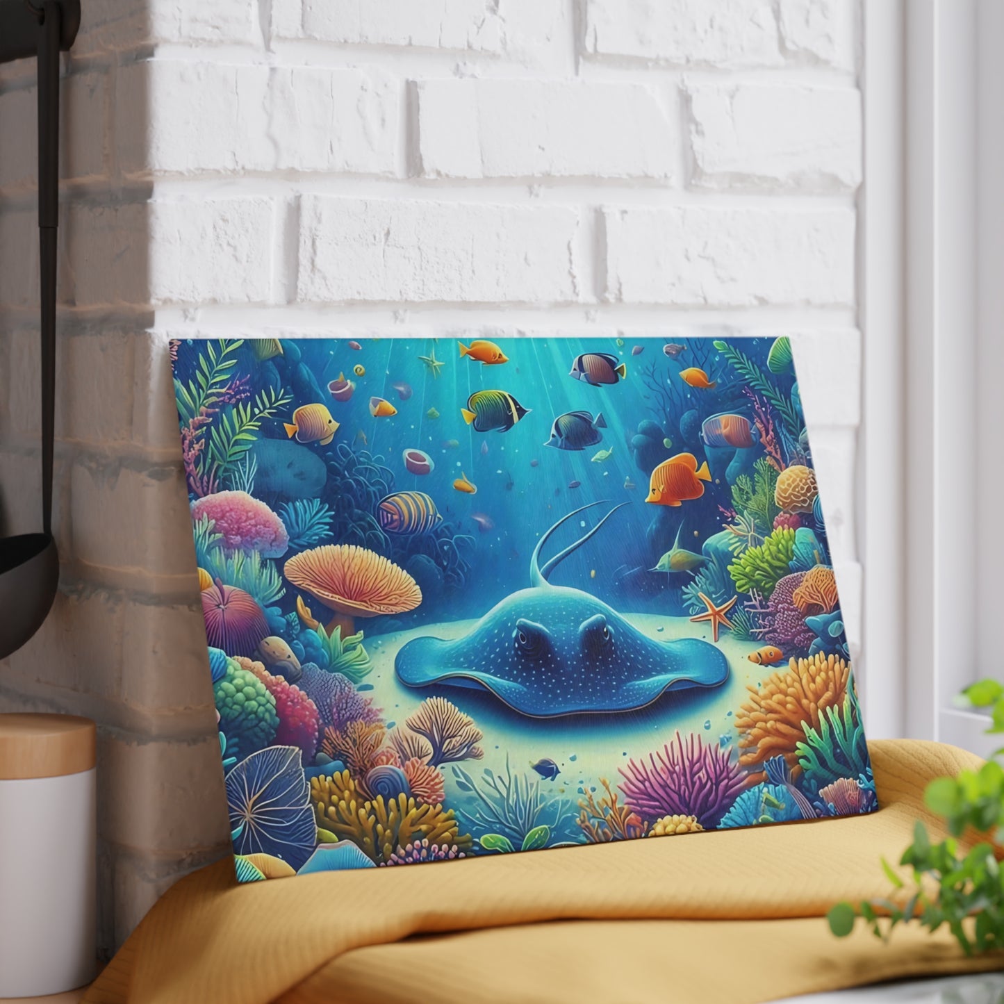 Stingray & Coral Reef Glass Cutting Board – Ocean Life Kitchen Decor with Saltwater Fish