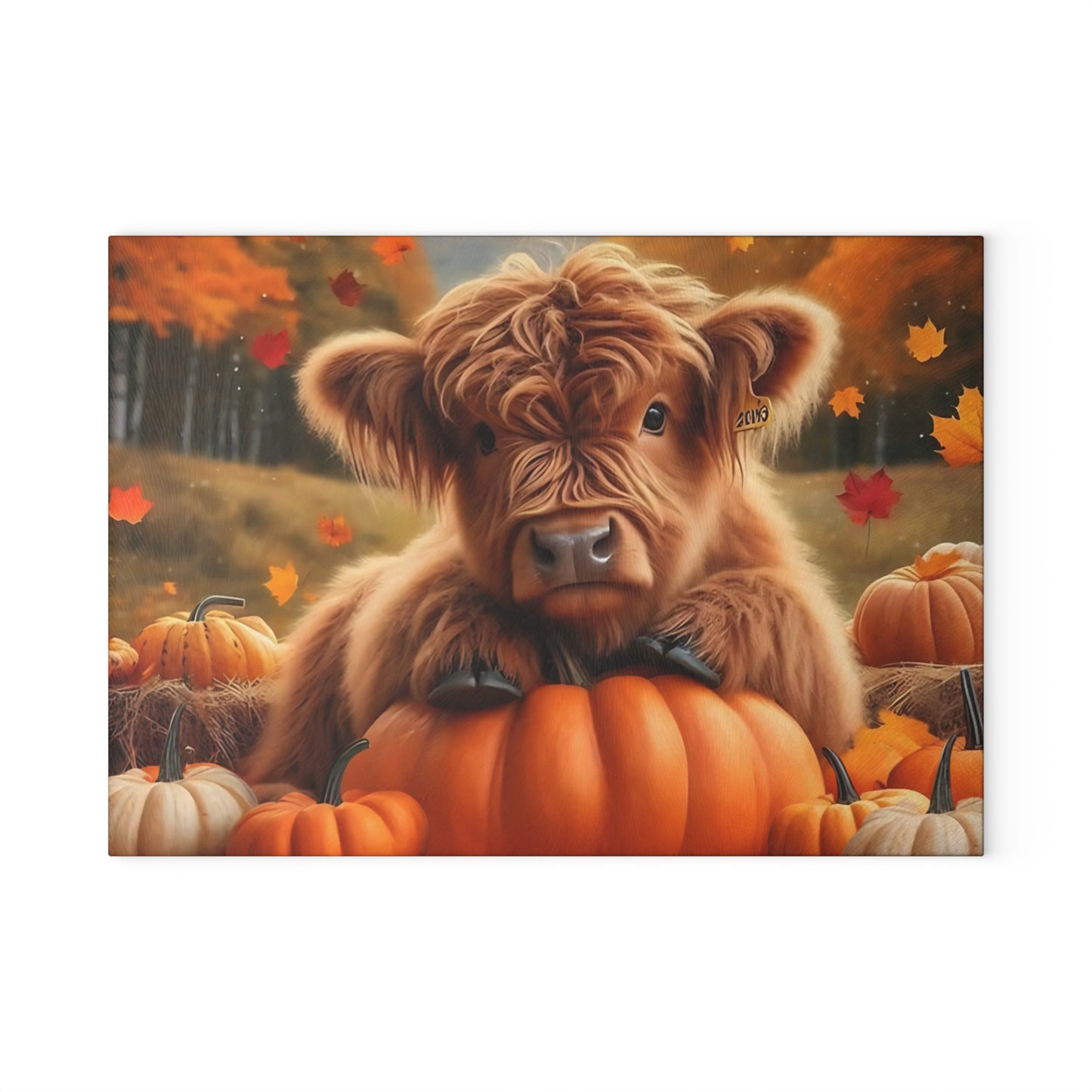 🍂🐮 Autumn Highland Calf Cutting Board – Rustic Fall Kitchen Décor with Pumpkins & Falling Leaves 🎃🍁