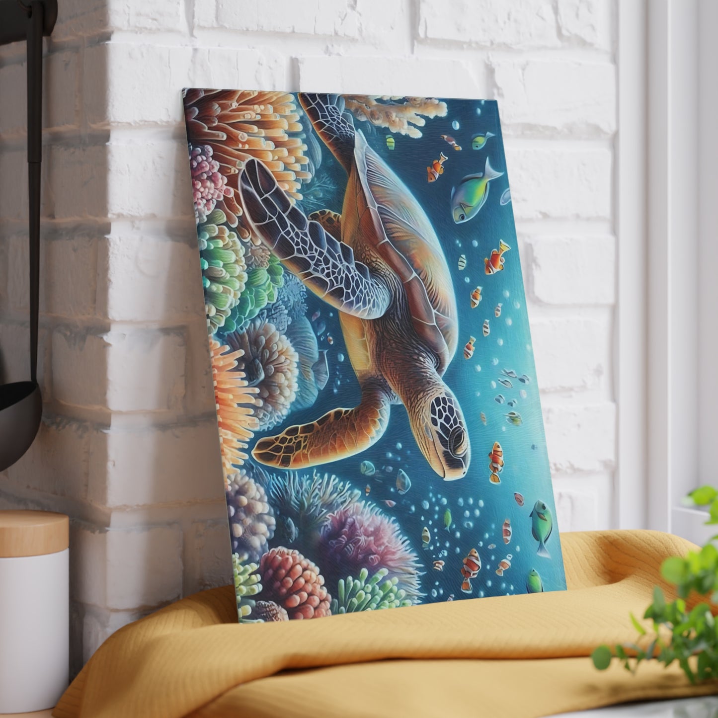 Tabla de cortar con diseño de tortuga marina y arrecife de coral: belleza oceánica serena para tu cocina