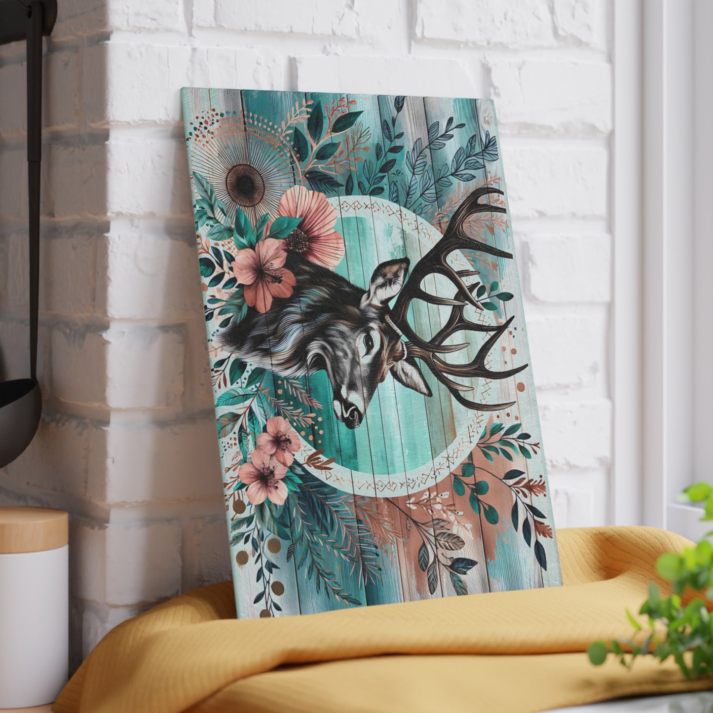 🦌🌸 Rustic Deer Floral Cutting Board – Woodland Cabin Kitchen Décor with Antlers & Flowers 🌿🏞️