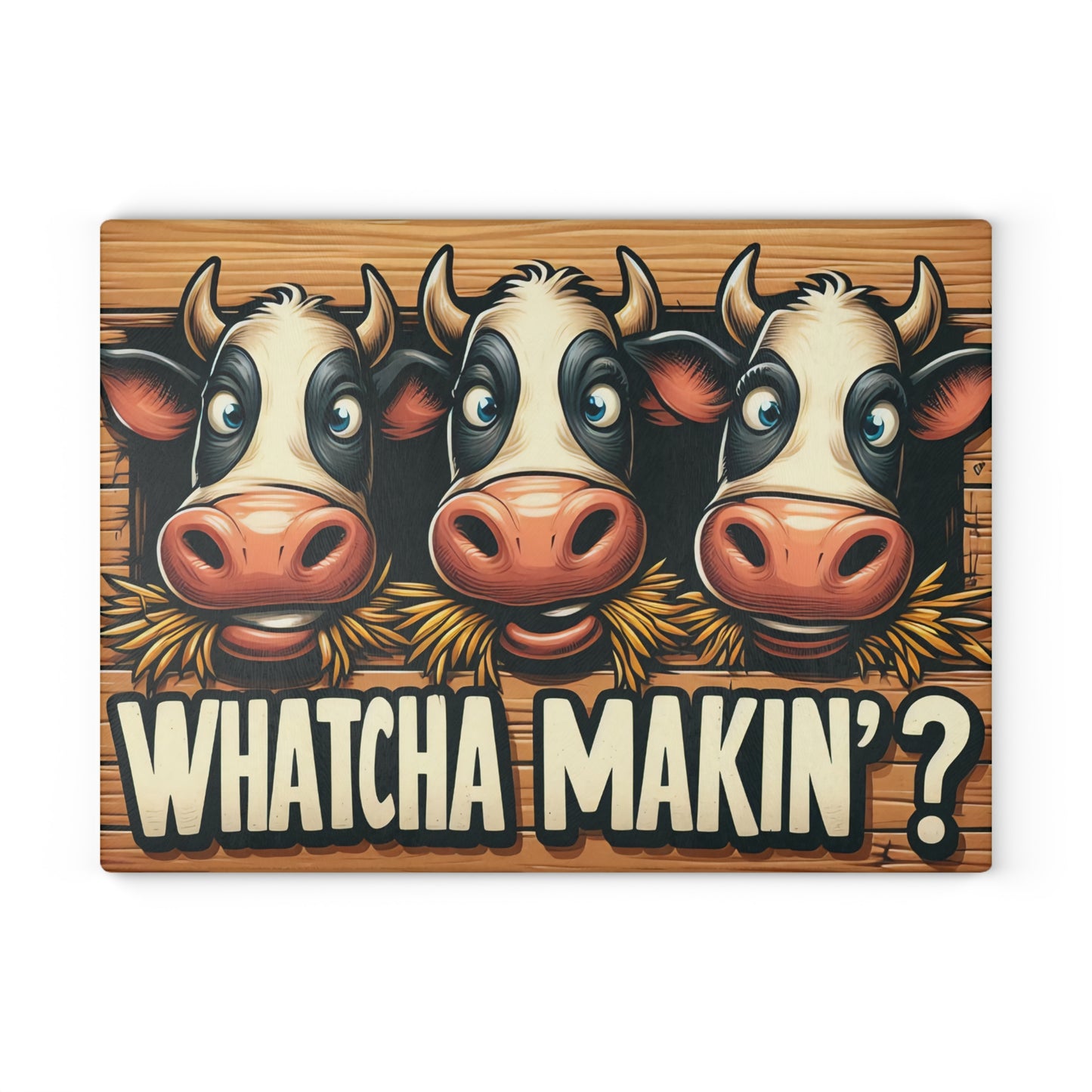 Tabla de cortar de vidrio "¿Qué haces?" – Humor de cocina con una vaca de dibujos animados 🧄🥕