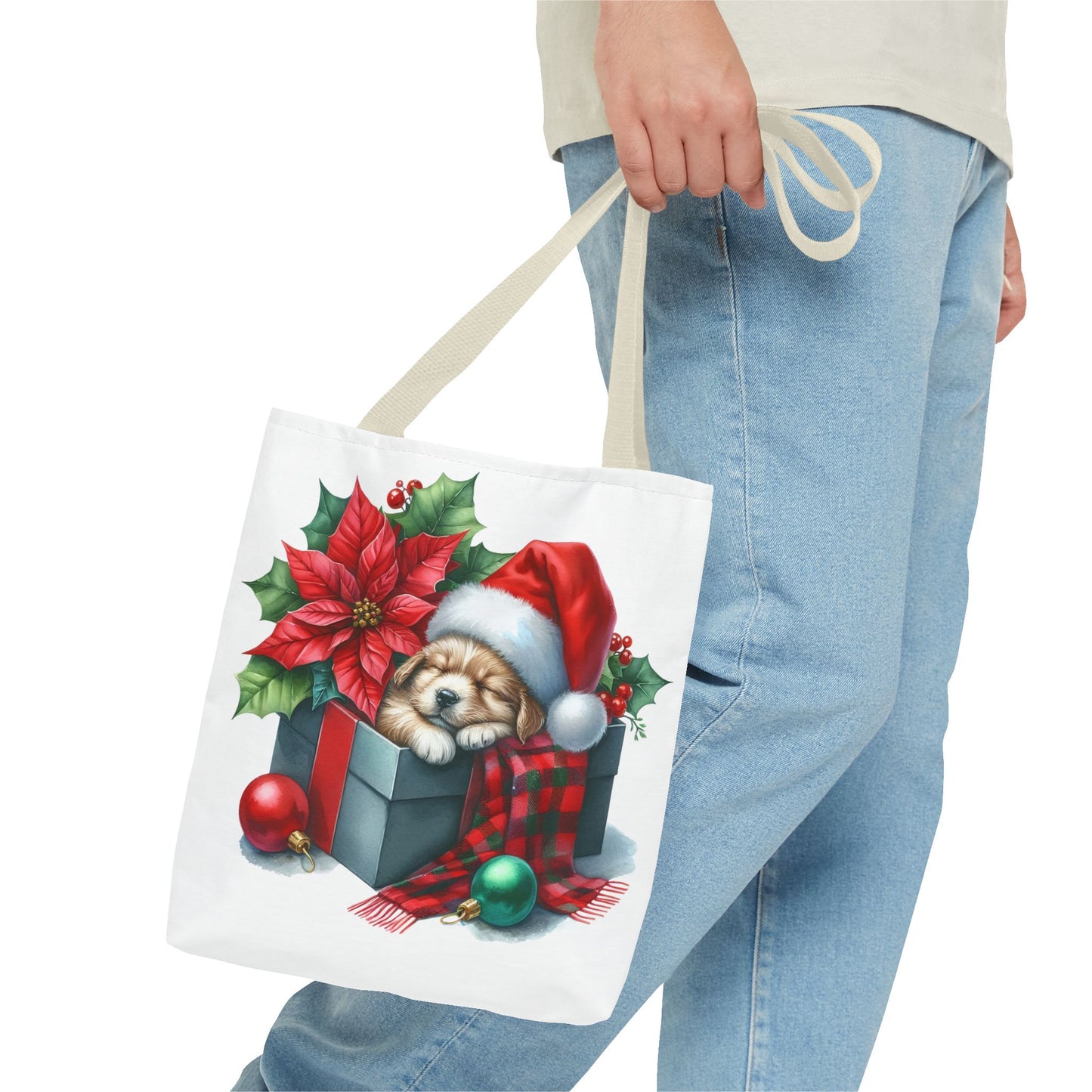 🎁 Sleeping Puppy in Gift Box Christmas Tote – Cozy Holiday Charm for Dog Lovers 🐾