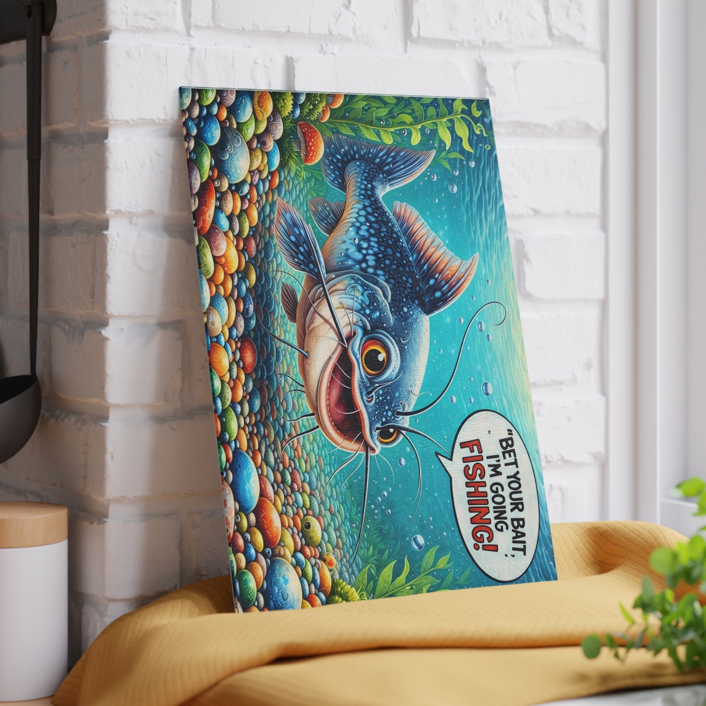 Bet Your Bait I’m Going Fishing Glass Cutting Board – Funny Fishing Kitchen Art with Colorful Catfish Design