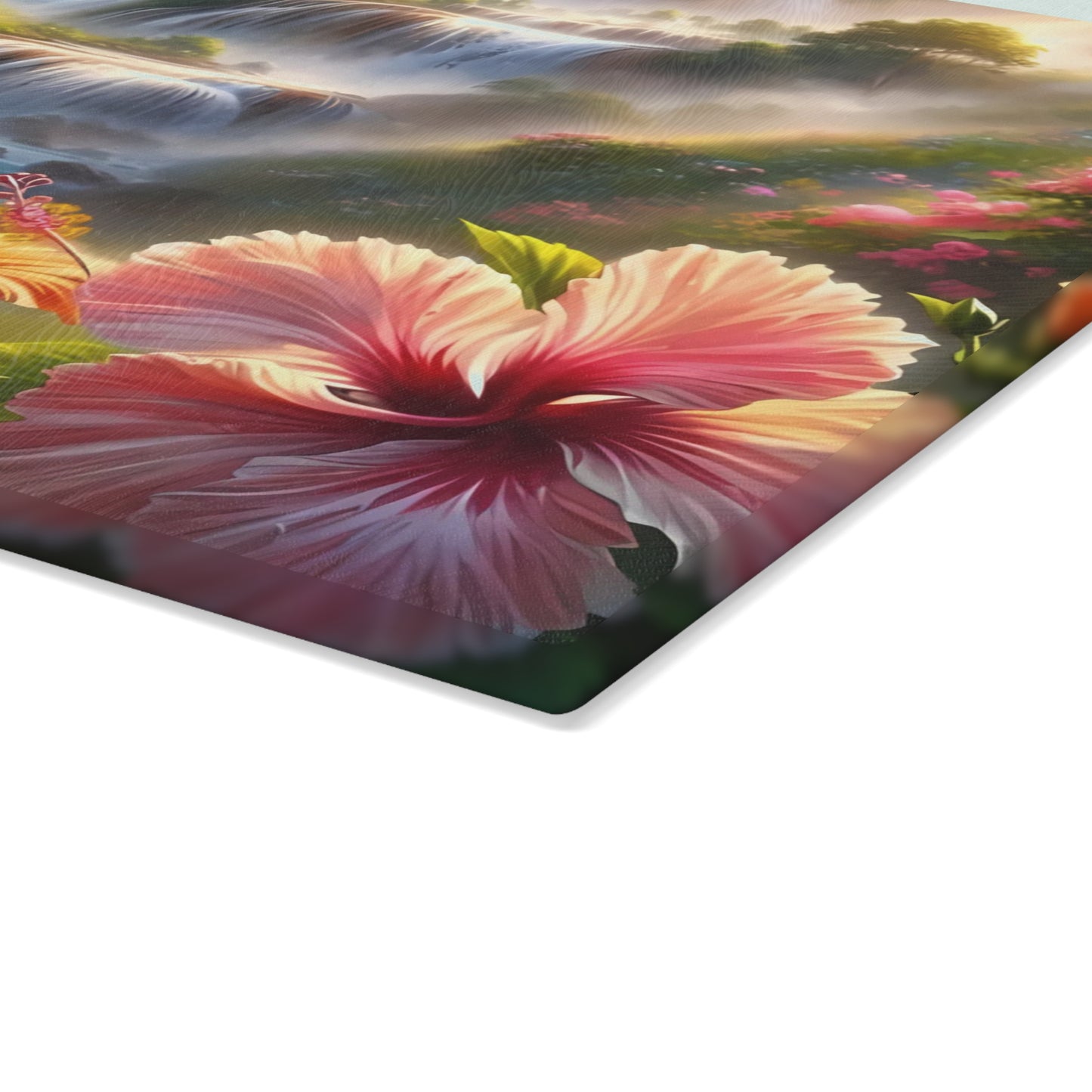 Tabla de cortar de vidrio Cascading Dreams: un paisaje floral encantado para amantes de la naturaleza