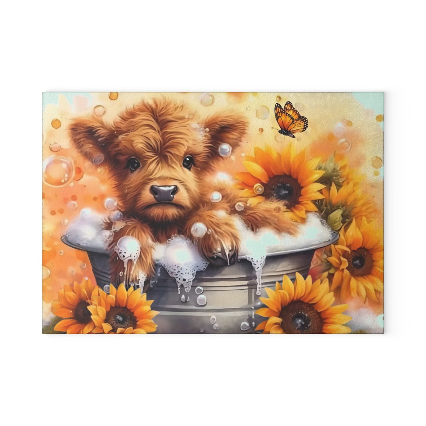 🐮🌻 Highland Calf Bubble Bath Cutting Board – Farmhouse Fun with a Sunny Twist