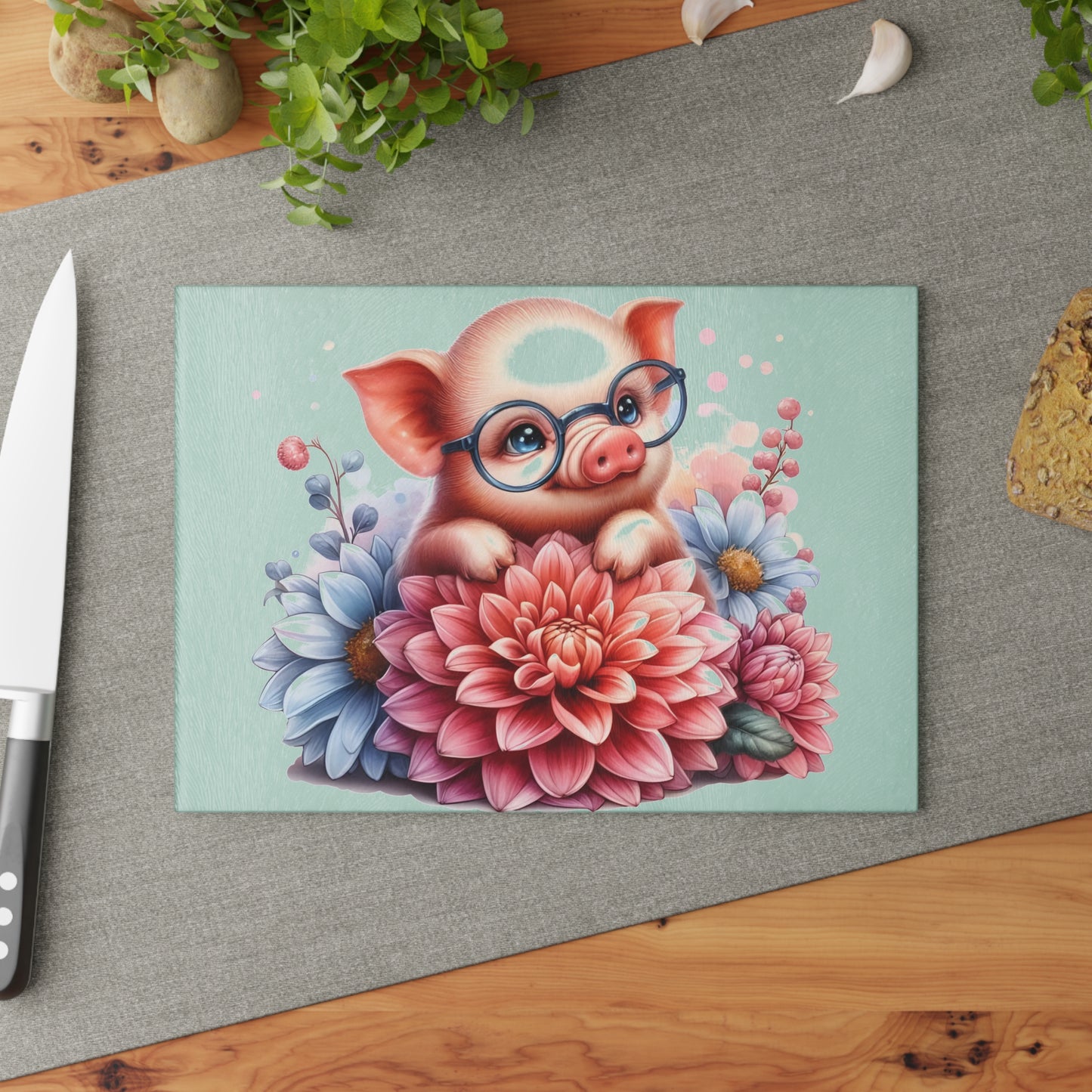 🐷🌸 Smart Piglet with Flowers Cutting Board – Adorable Farmhouse Charm for Your Kitchen 🌸🐷