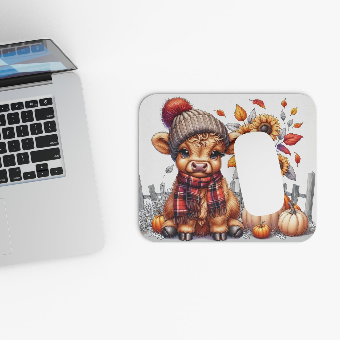 🖱️🐮🍂 Cozy Highland Cow Mouse Pad – Fall Beanie, Plaid Scarf, Sunflowers & Pumpkins