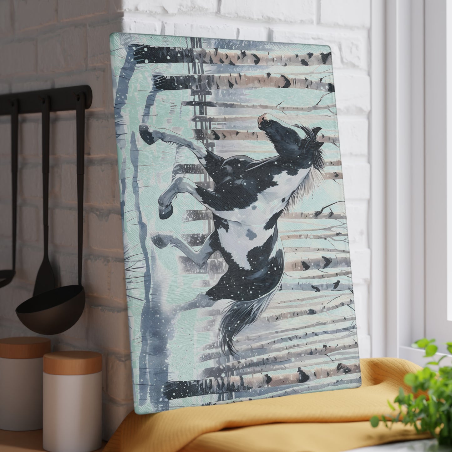 ❄️ Snowy Gallop Cutting Board – Majestic Horse in Birch Forest Winter Scene