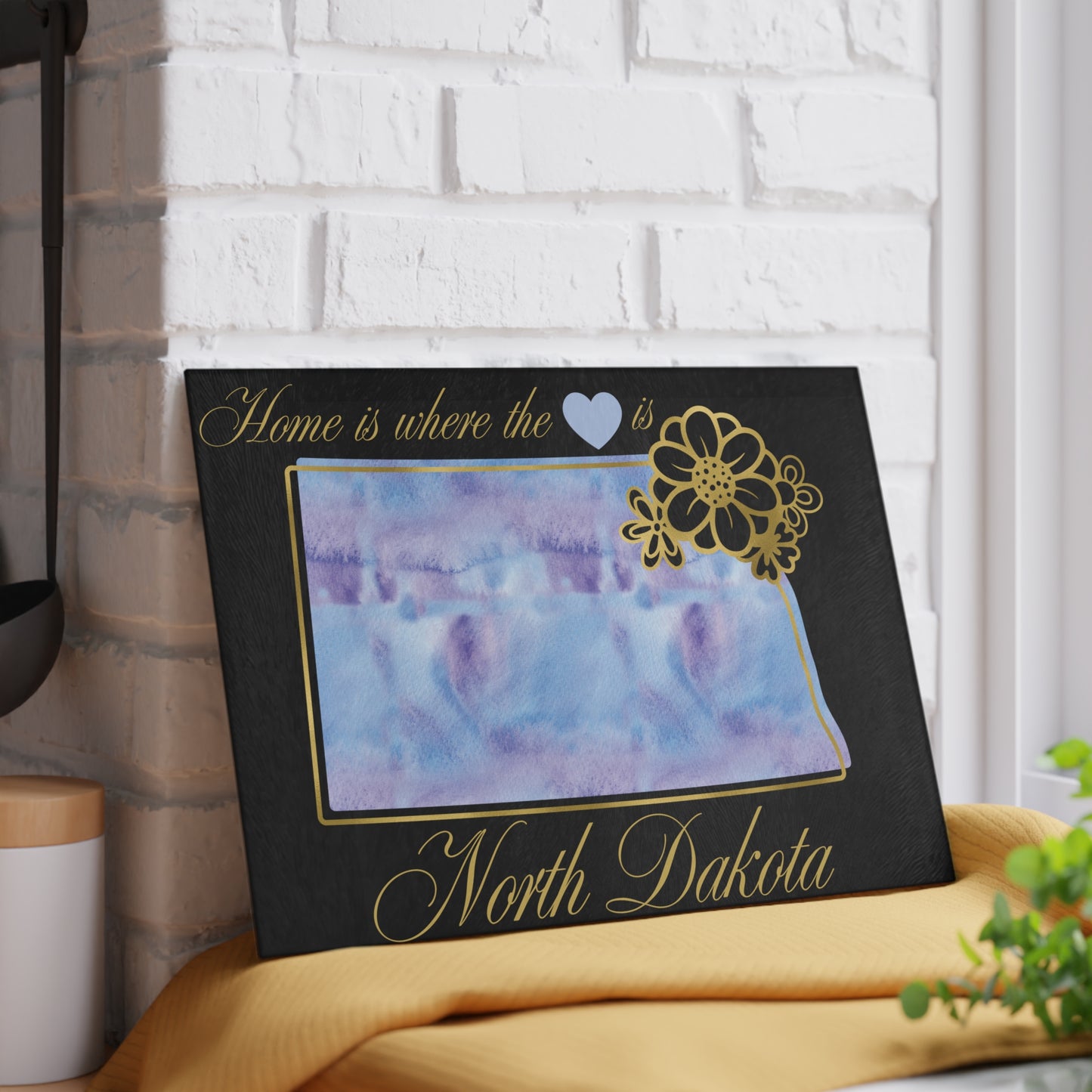💙 North Dakota State Cutting Board – Soothing Blues with Prairie Heart Charm