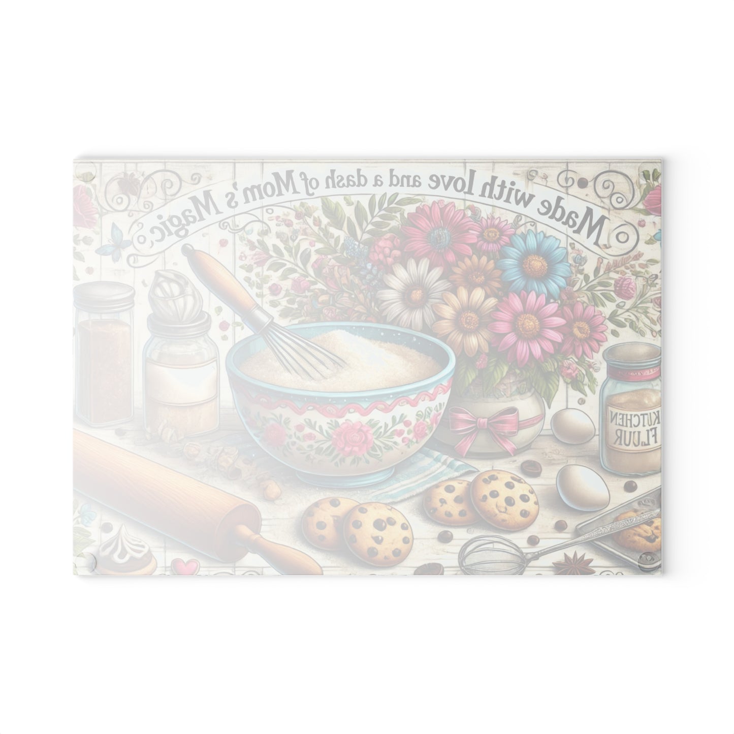 Tabla de cortar de vidrio “Hecha con amor y un toque de la magia de mamá”: decoración de cocina inspirada en la repostería saludable 🧁✨