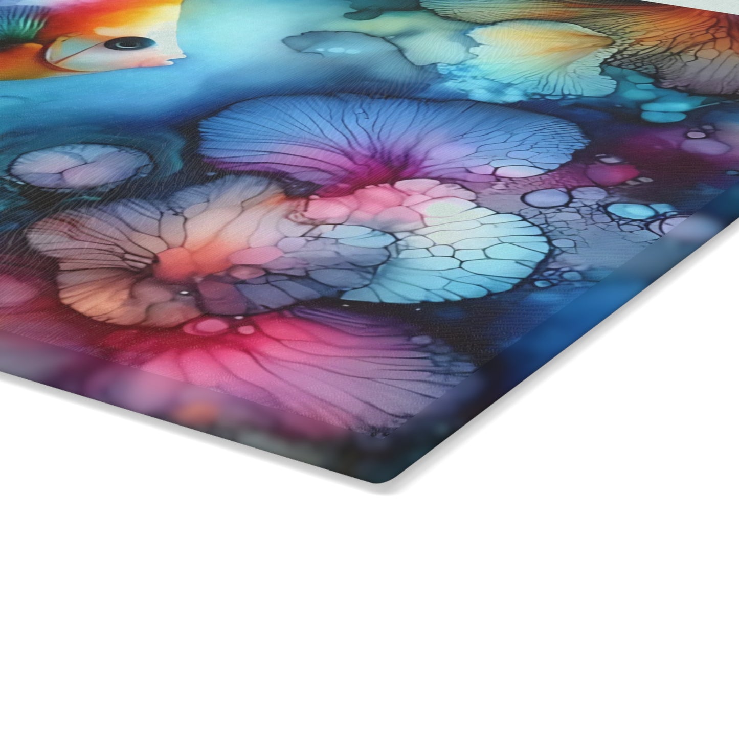 Tabla de cortar de vidrio con diseño de peces tropicales: arte oceánico con acuarela vibrante para exhibir en la cocina