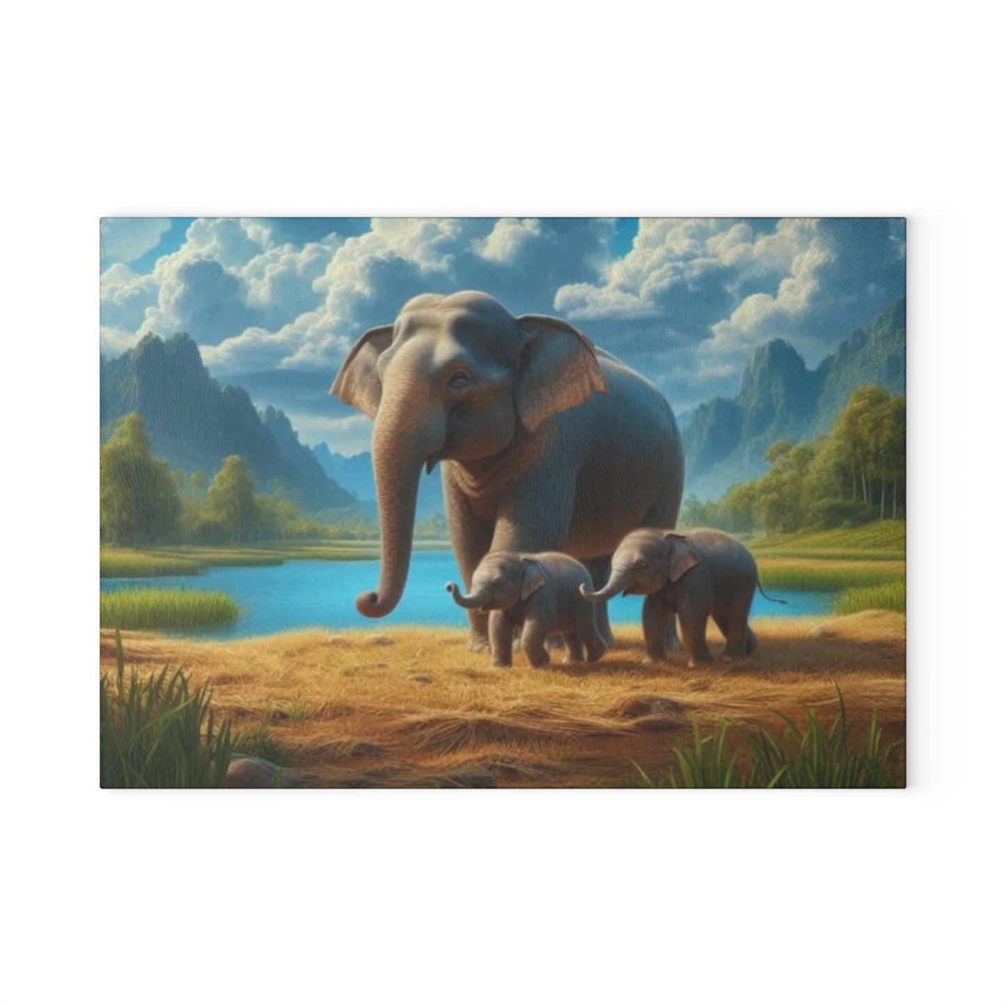 🐘🌿 Elephant Family Glass Cutting Board – Serene Nature Elegance for Your Kitchen 🌊