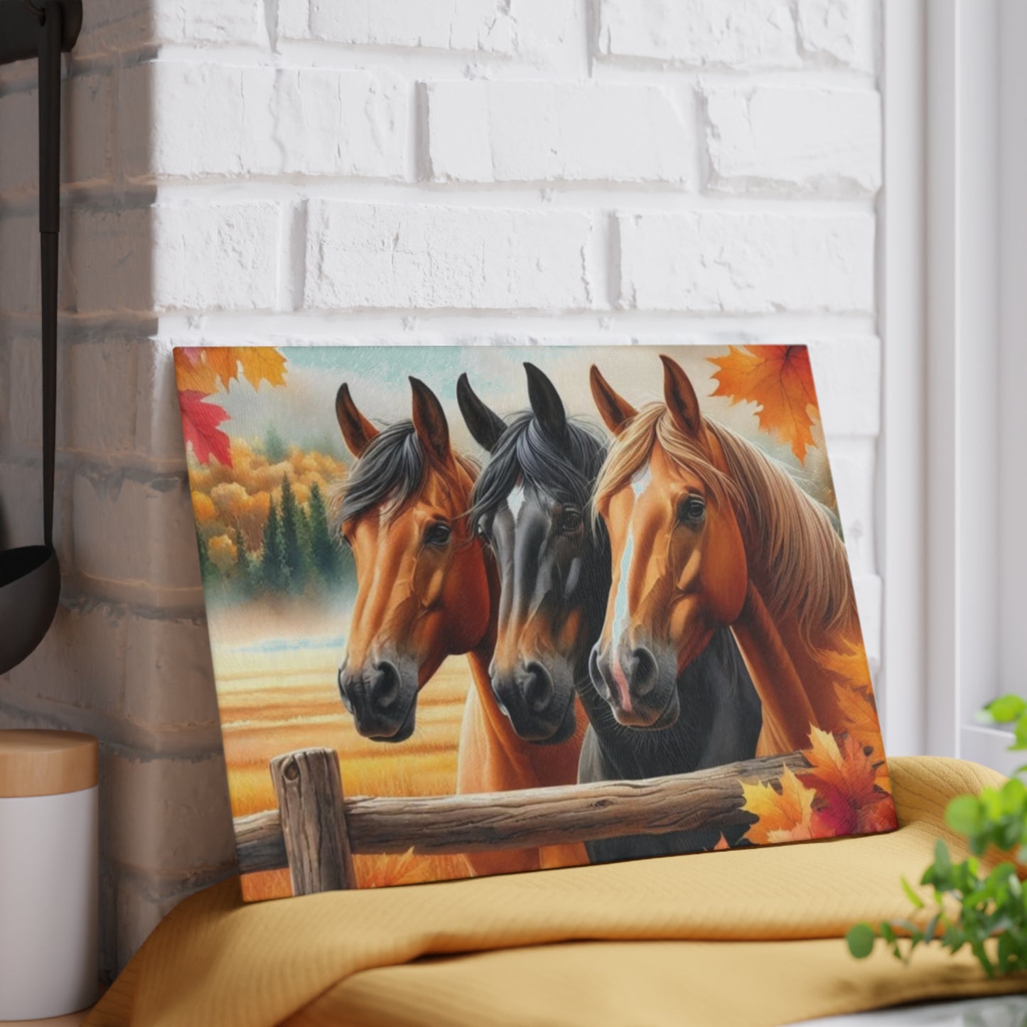 🐴 Autumn Horse Trio Cutting Board – Rustic Farmhouse Beauty 🐴
