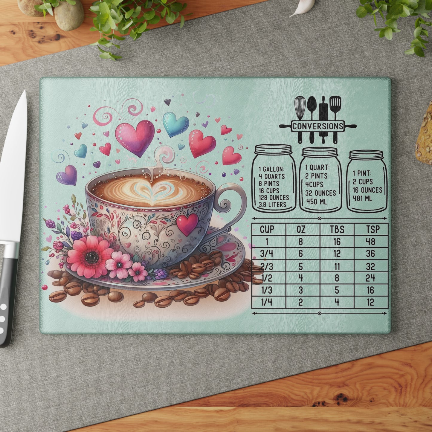 ☕ Heart Latte Kitchen Conversions Cutting Board – Whimsical Charm Meets Practical Use