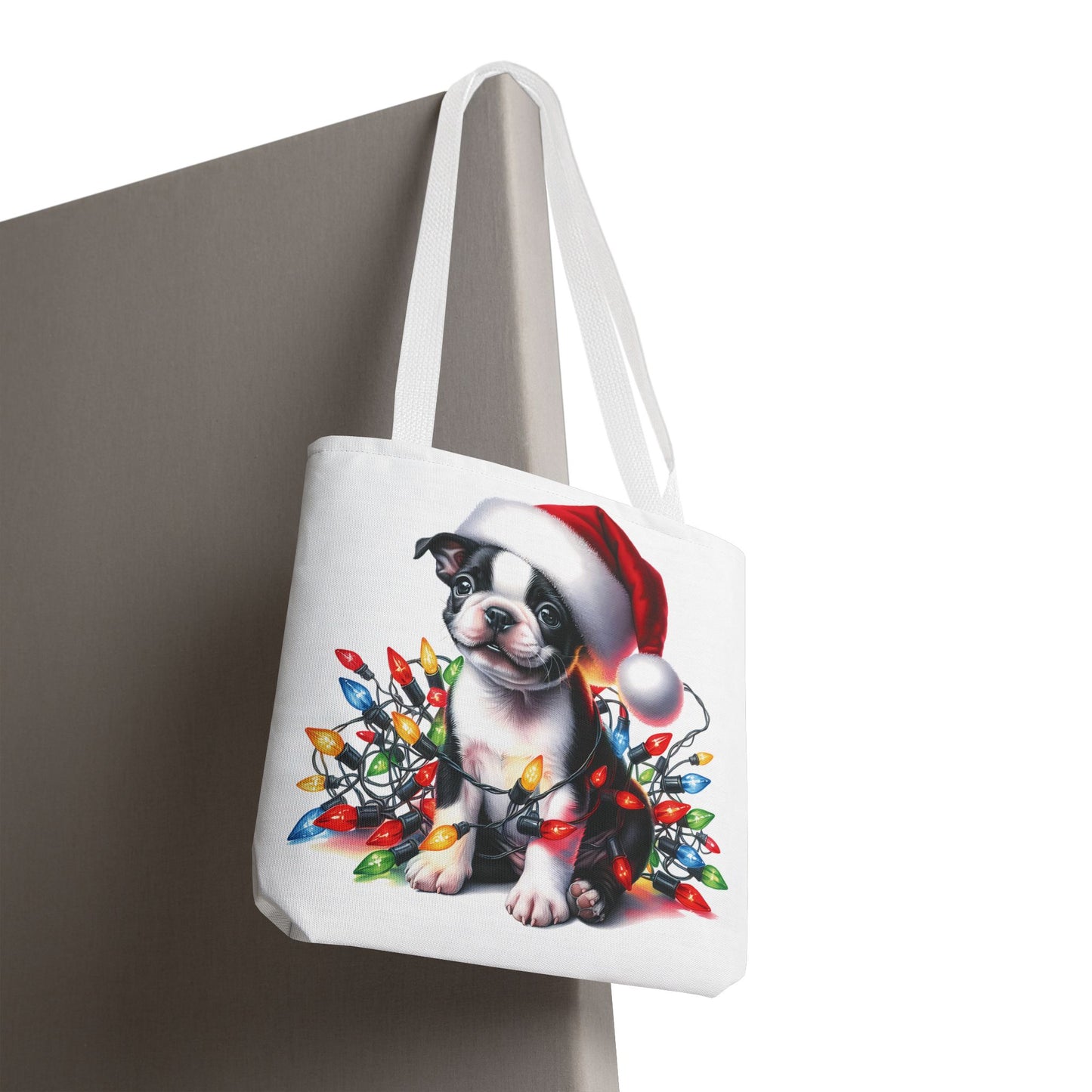 👜 Boston Terrier Christmas Lights Tote Bag – Holiday Sparkle Meets Puppy Love 🎄