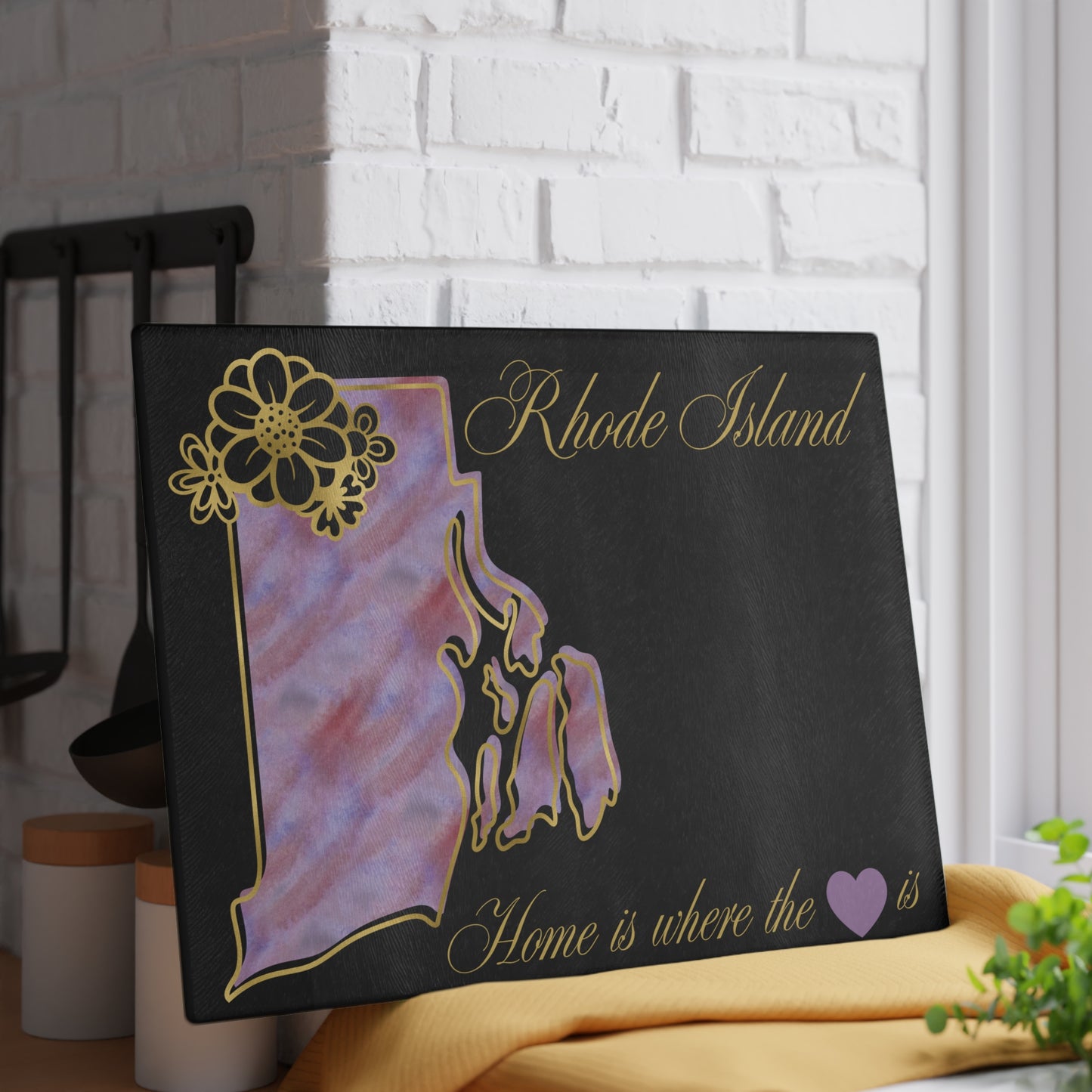 🖤 Rhode Island State Cutting Board – Elegant Watercolor Pride with Gold Florals 💜