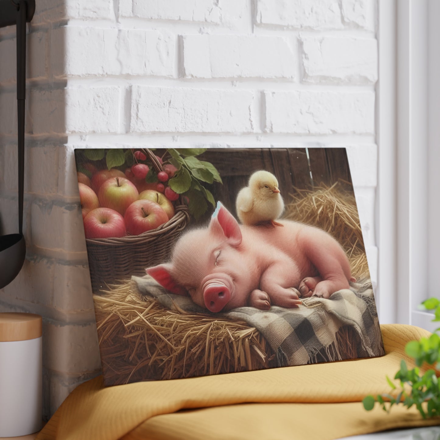 Tabla de cortar con diseño de cerdito y pollito en heno con manzanas, regalo único, tabla de cortar de vidrio, tabla de charcutería, tabla de cortar personalizada