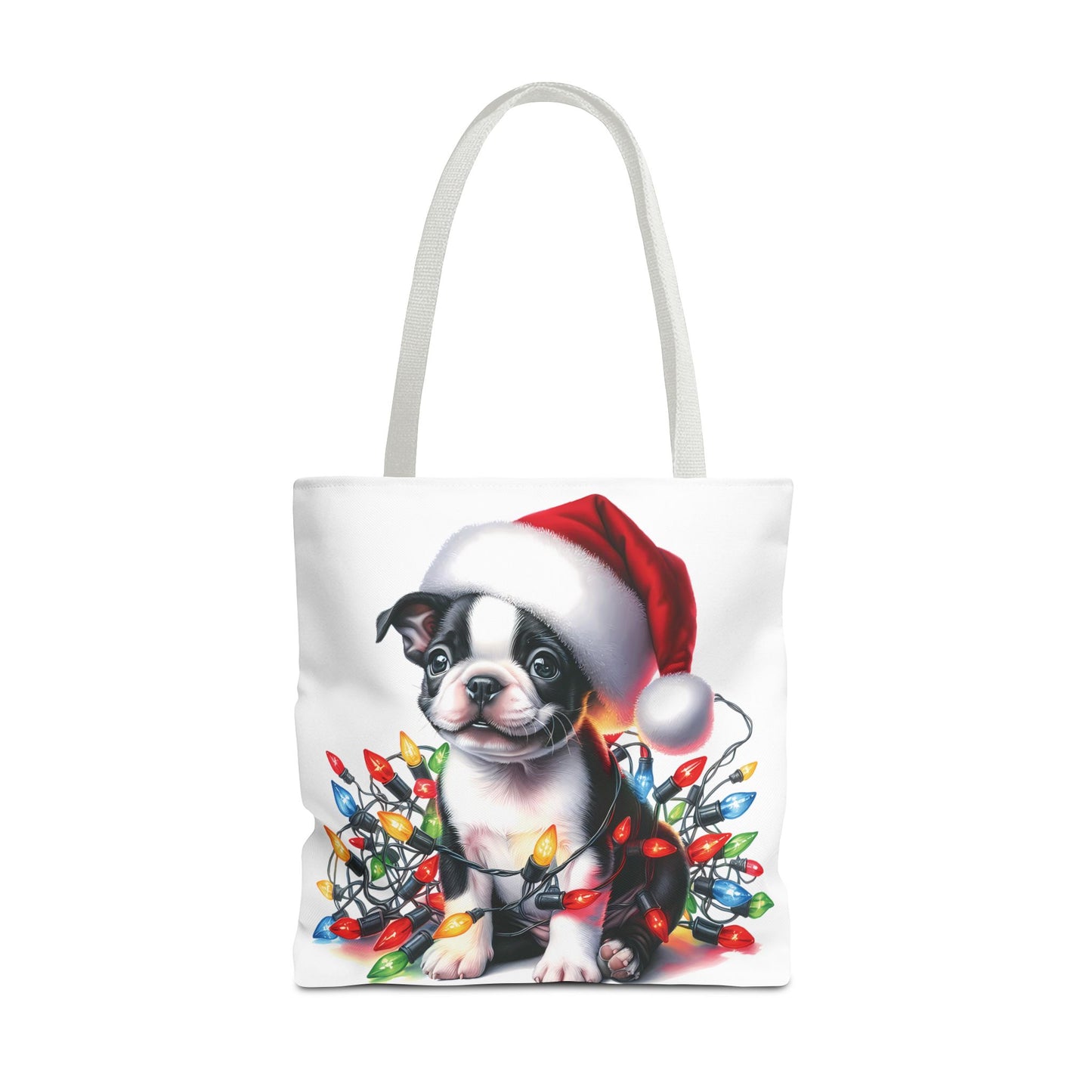 👜 Boston Terrier Christmas Lights Tote Bag – Holiday Sparkle Meets Puppy Love 🎄