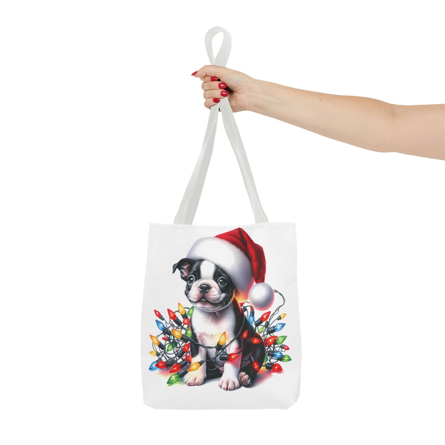 👜 Boston Terrier Christmas Lights Tote Bag – Holiday Sparkle Meets Puppy Love 🎄