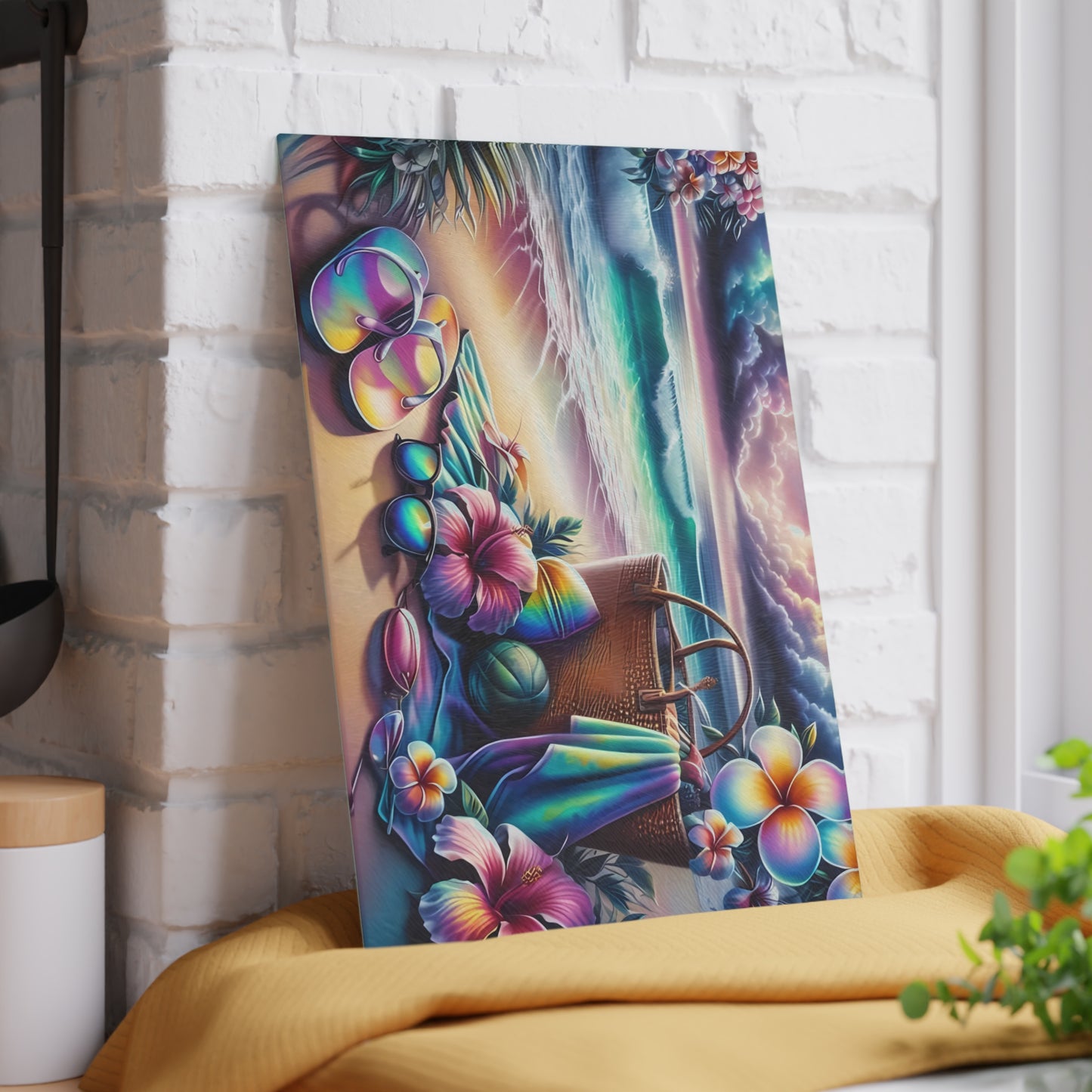 Tabla de cortar de vidrio "Día de Playa Tropical" - Decoración de cocina con ambiente veraniego, decoración costera, arte oceánico, regalo playero, tabla de cortar de vidrio, decoración de cocina tropical, aspecto pintado a mano, escena playera