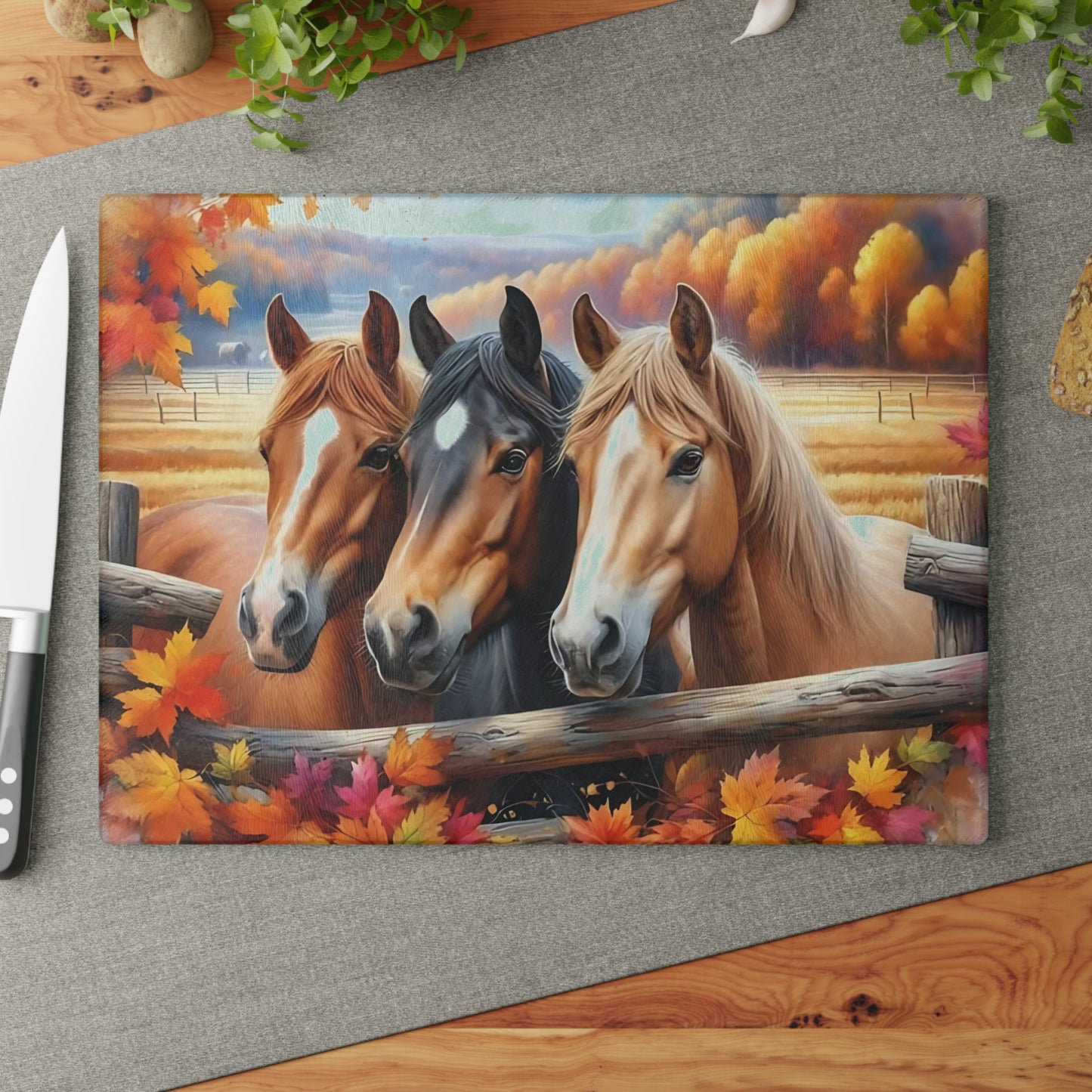🐎🍂 Autumn Horses Glass Cutting Board – Rustic Country Charm for Your Kitchen 🍂🐎