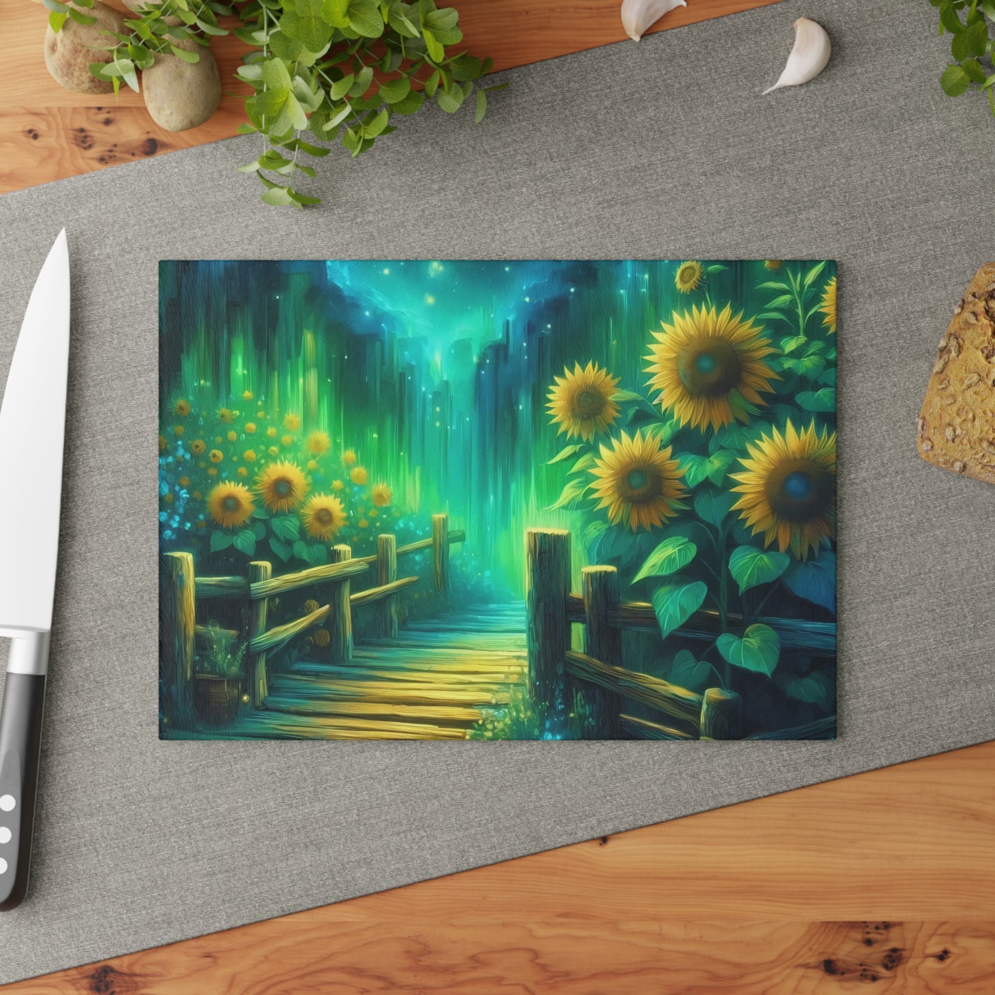 Tabla de cortar de vidrio templado con diseño de girasol: ¡Ilumina tu cocina!