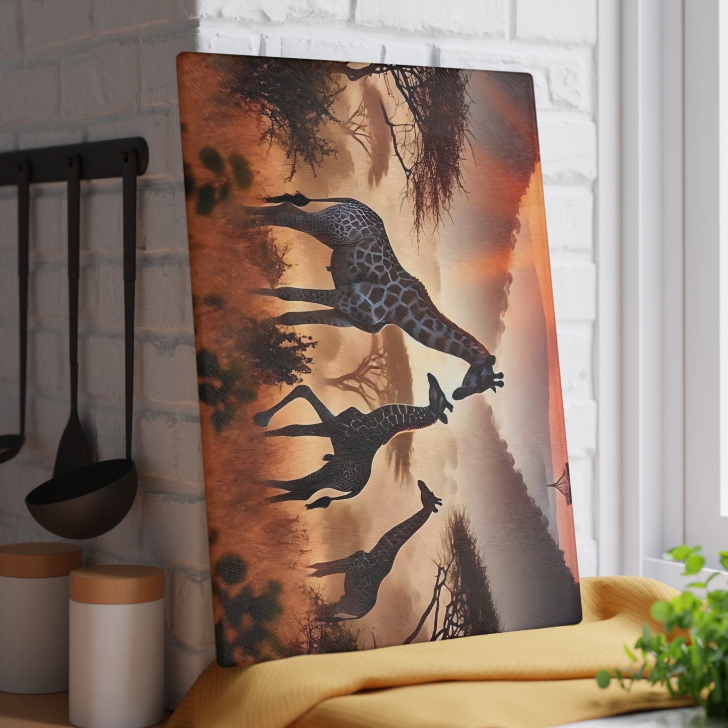 Tabla de cortar de vidrio con diseño de jirafa al atardecer, decoración de cocina, regalo de inauguración de la casa, regalo para amantes de los animales, regalo personalizado de vidrio templado, tabla de charcutería
