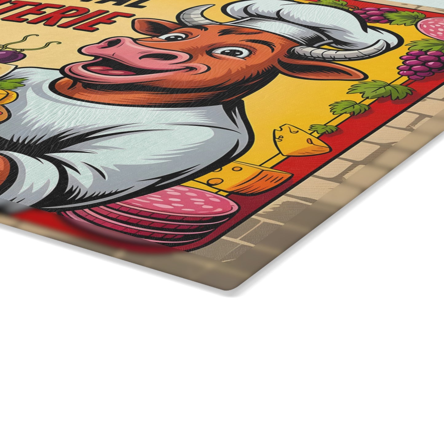 Tabla de cortar charcutería frontal completa: divertida decoración de cocina de Bull Chef para amantes de la carne y el queso