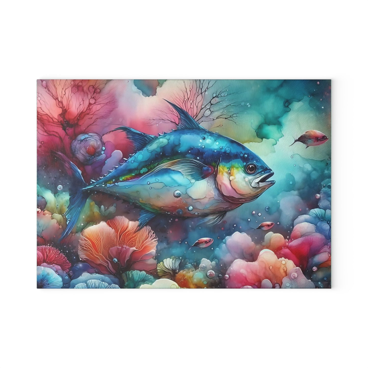 Tabla de cortar de vidrio con acuarela de atún: arte oceánico colorido para cocinas costeras y creativas