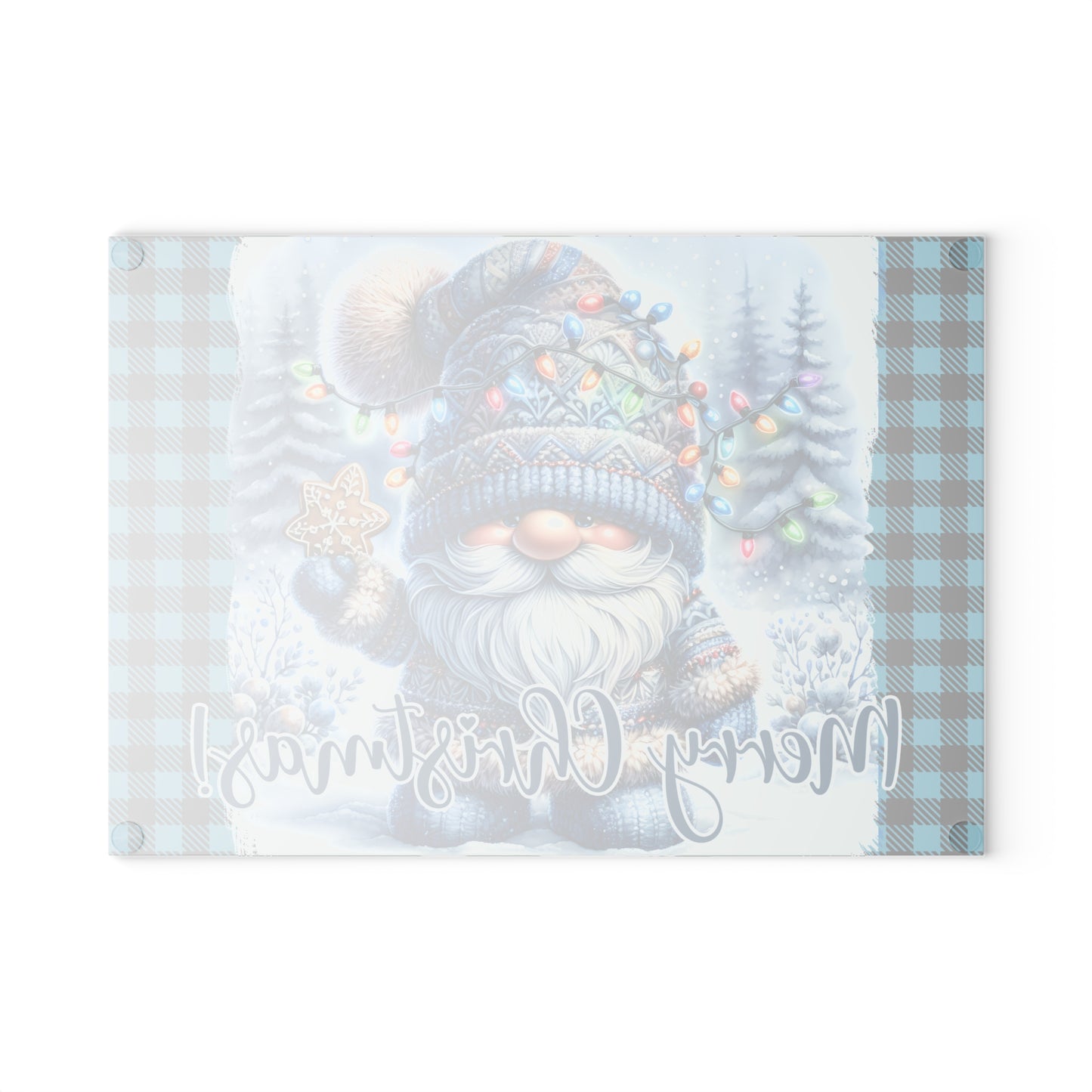 🎄 Blue Plaid Christmas Gnome Cutting Board – Cozy Holiday Charm with Festive Lights & Gingerbread Magic ❄️