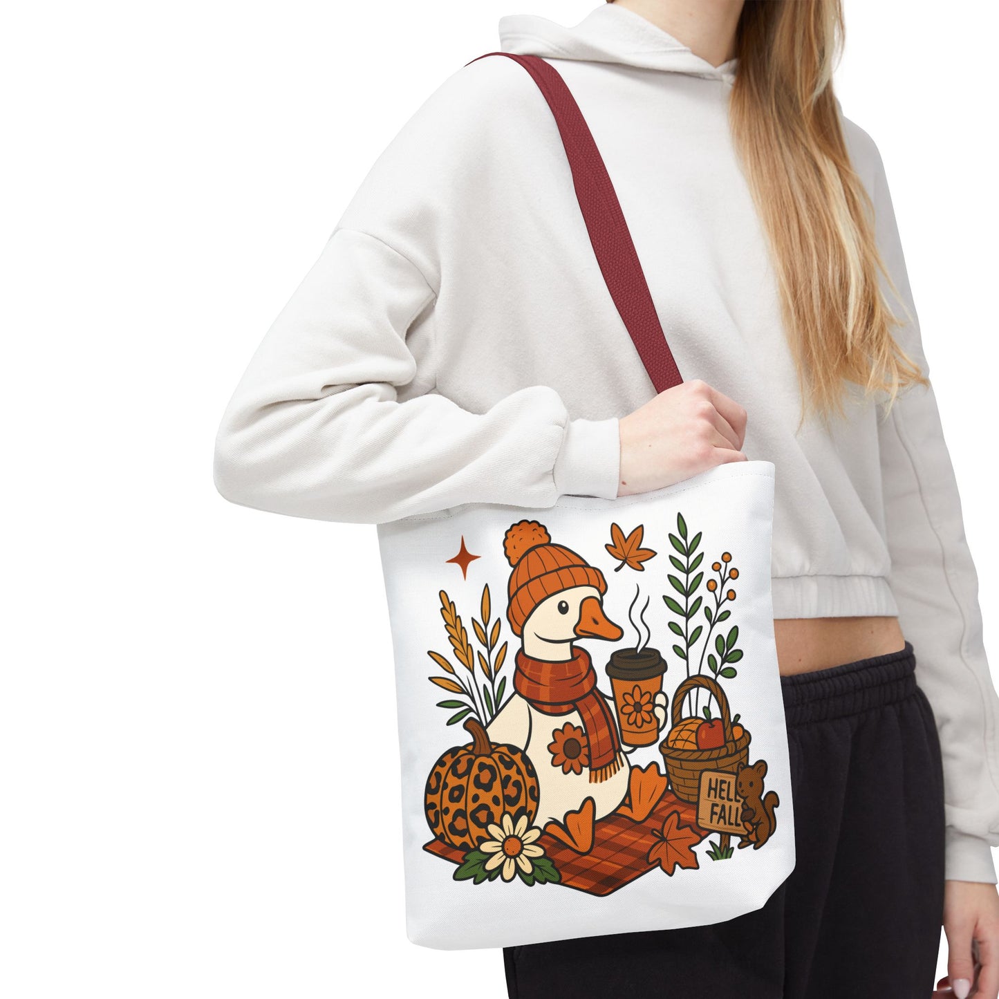 🧣 Hello Fall Cozy Duck Tote Bag – A Quirky Autumn Hug in a Bag 🍂🦆
