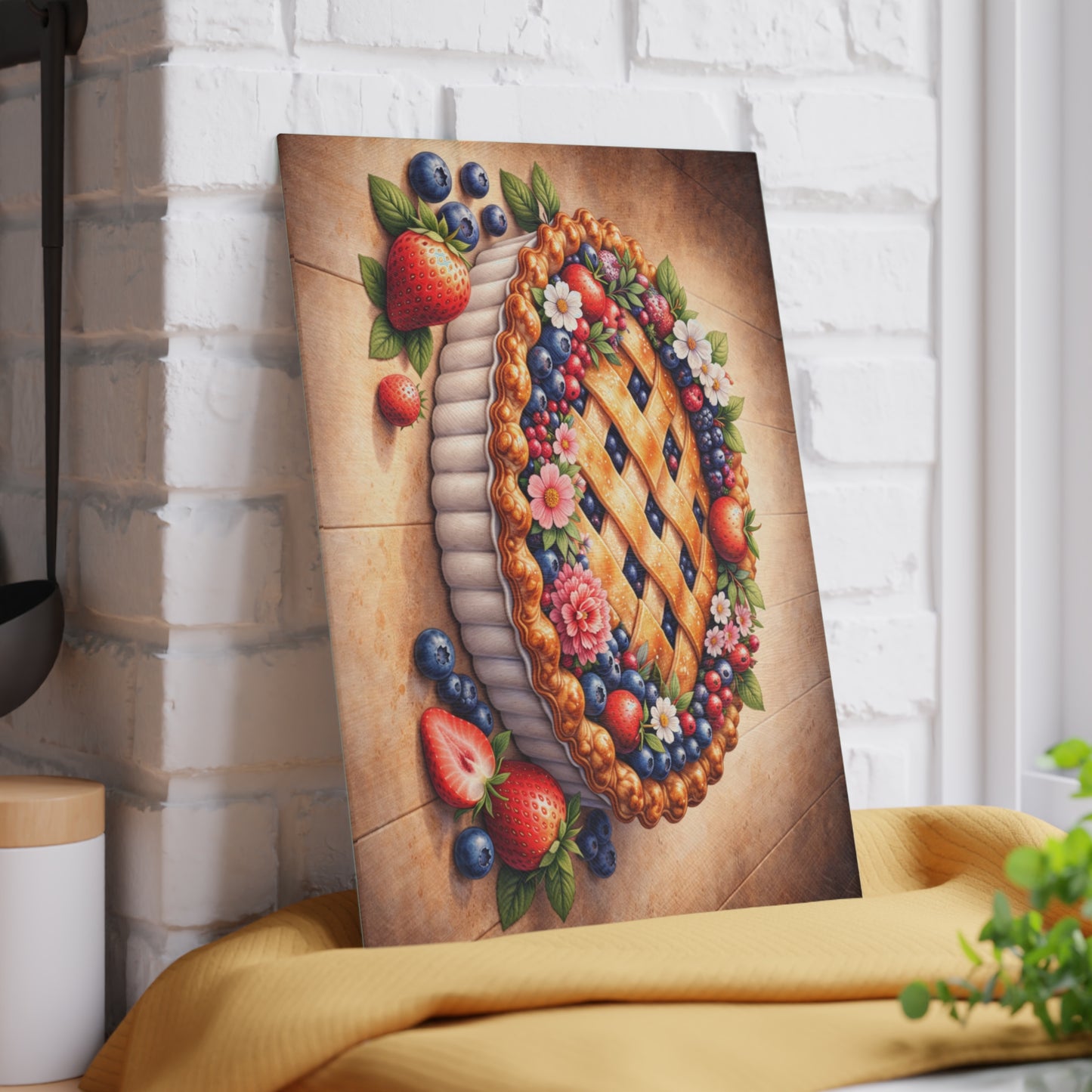Berry Blossom Pie Glass Cutting Board – Vintage Farmhouse Dessert Kitchen Art