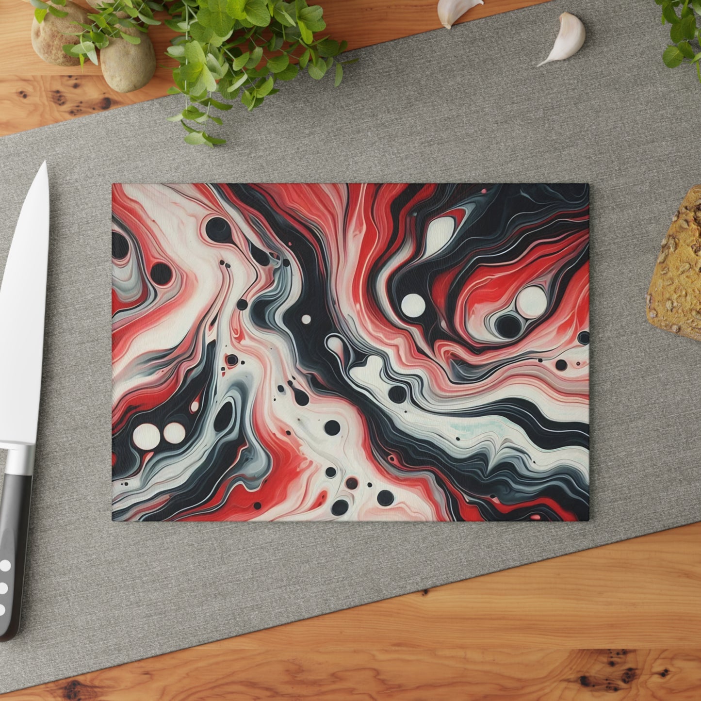 Tabla de cortar de vidrio con diseño de mármol rojo, negro y blanco: decoración de cocina moderna inspirada en el mármol, un regalo elegante y funcional.