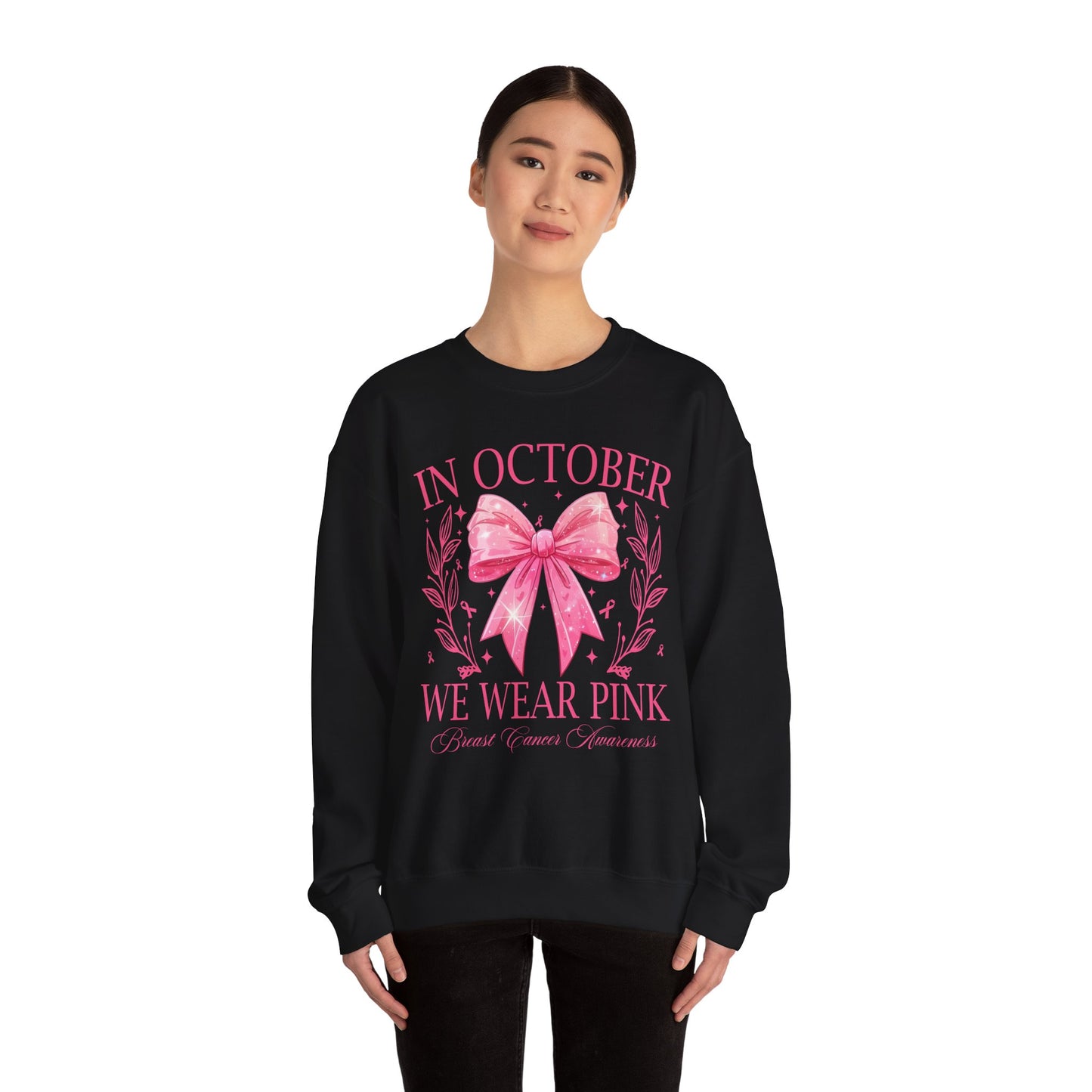 ๐โจ In October We Wear Pink Sweatshirt โ Elegant Bow Breast Cancer Awareness Crewneck