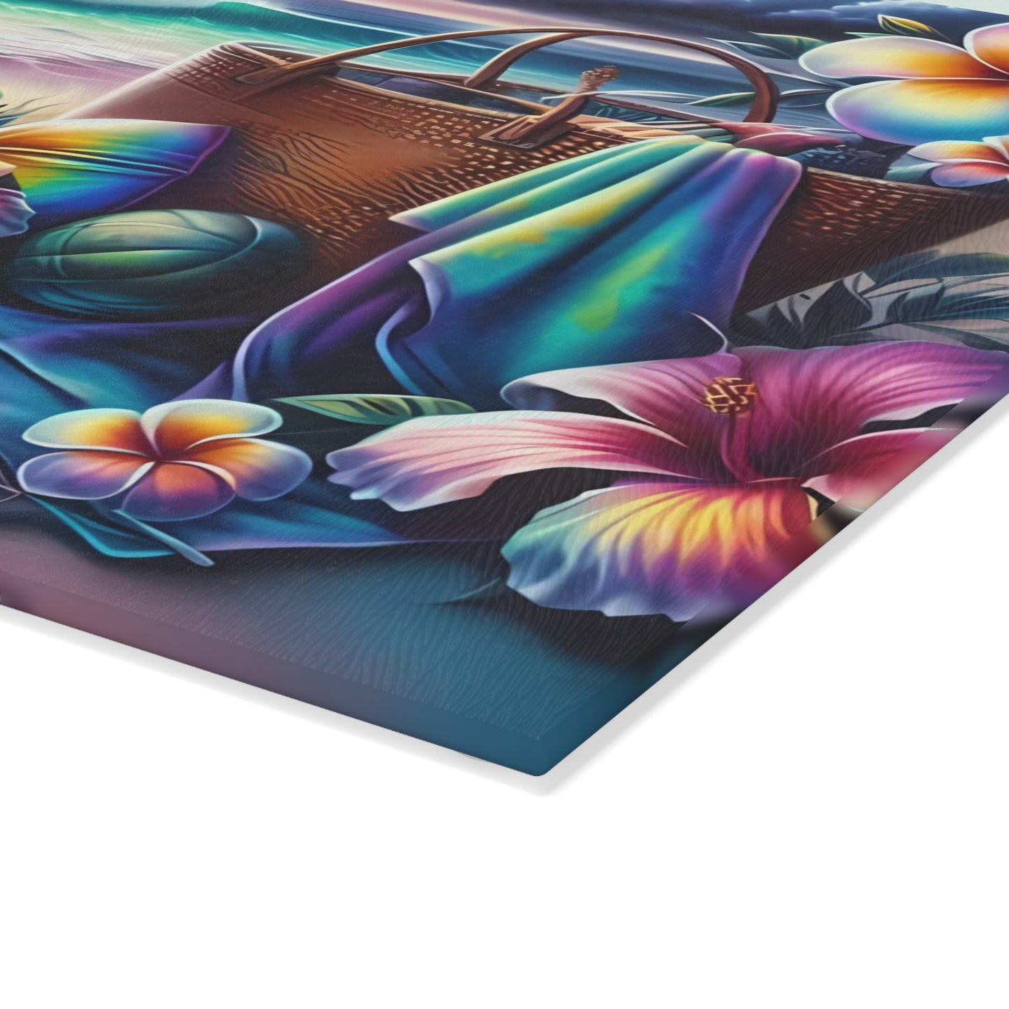 Tabla de cortar de vidrio "Día de Playa Tropical" - Decoración de cocina con ambiente veraniego, decoración costera, arte oceánico, regalo playero, tabla de cortar de vidrio, decoración de cocina tropical, aspecto pintado a mano, escena playera